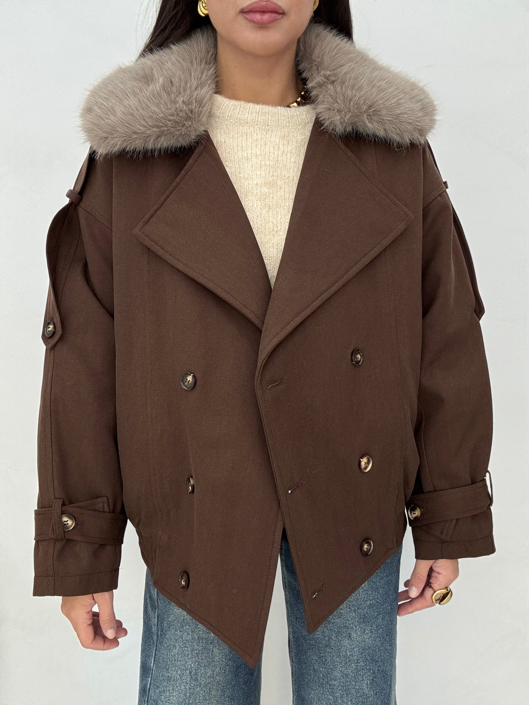 Bomber ‘WINTER’ con collo in pelliccia Cacao