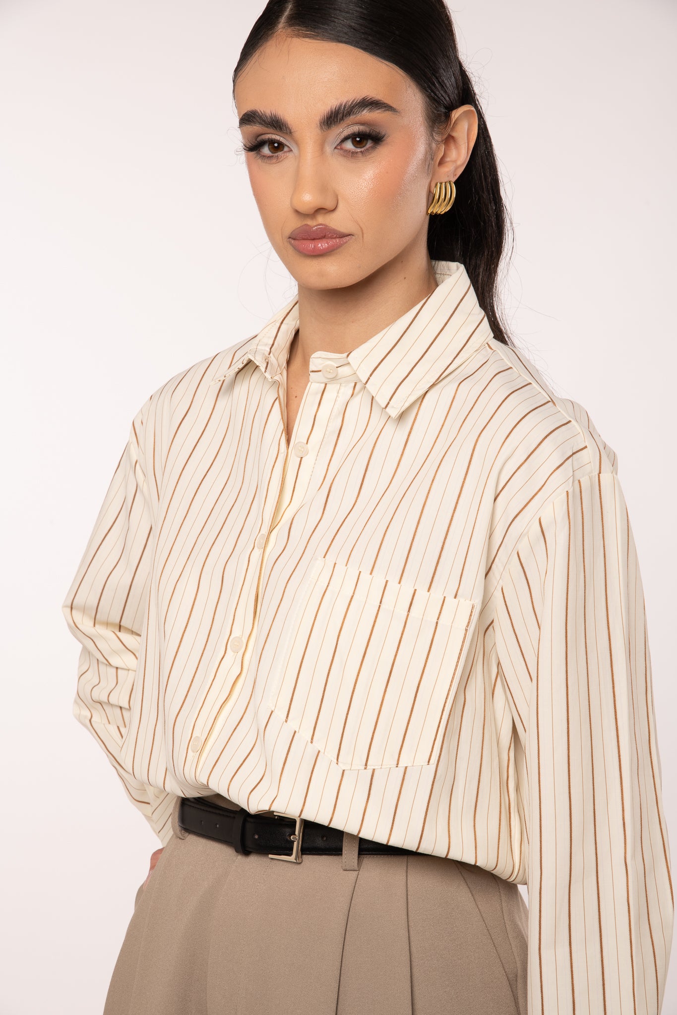 Camicia ‘65%COTONE’ Panna Righe Camel