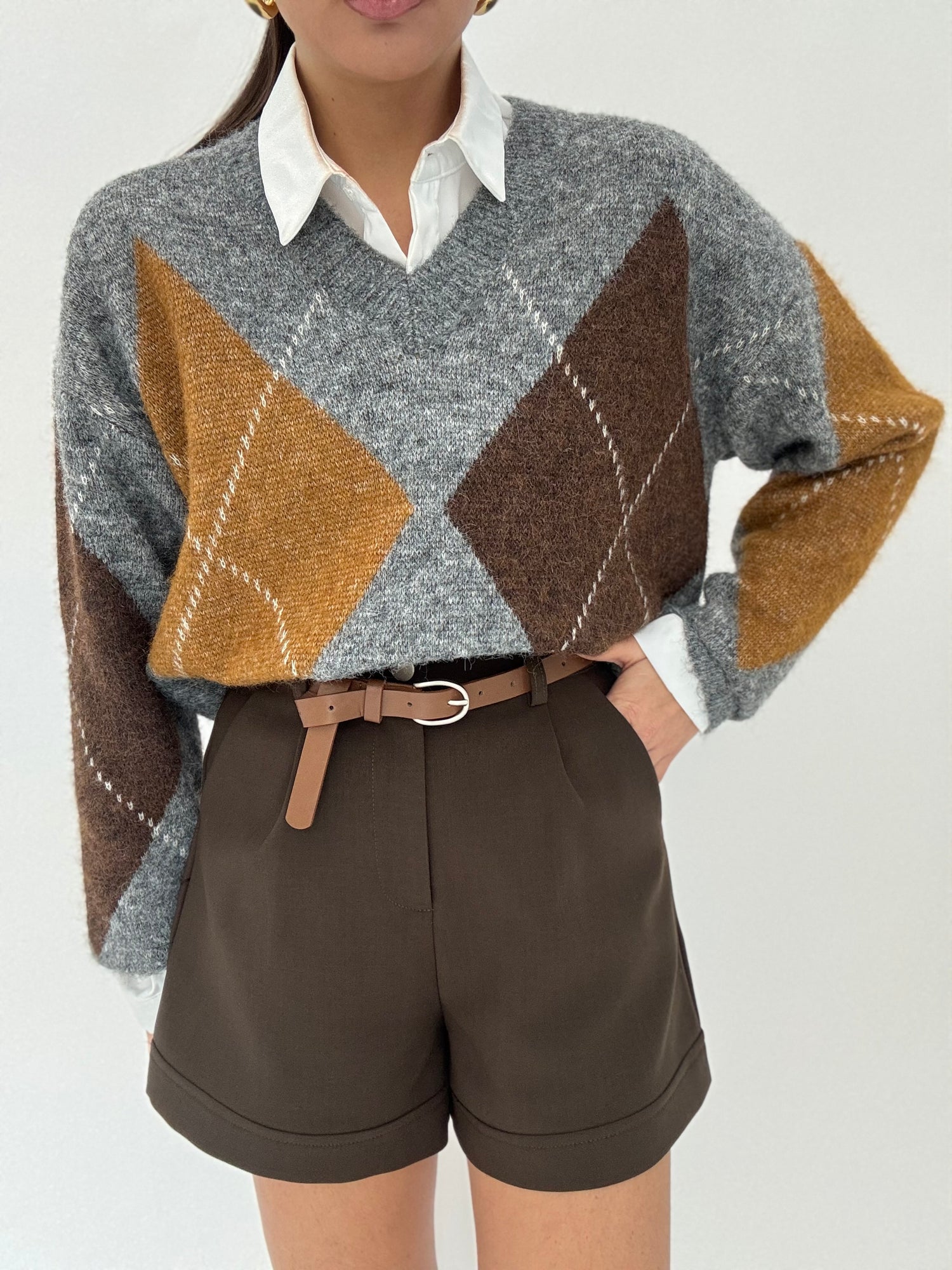 Maglione ‘ROMBI SCOLLO A V’ 8%LANA Base Grigia