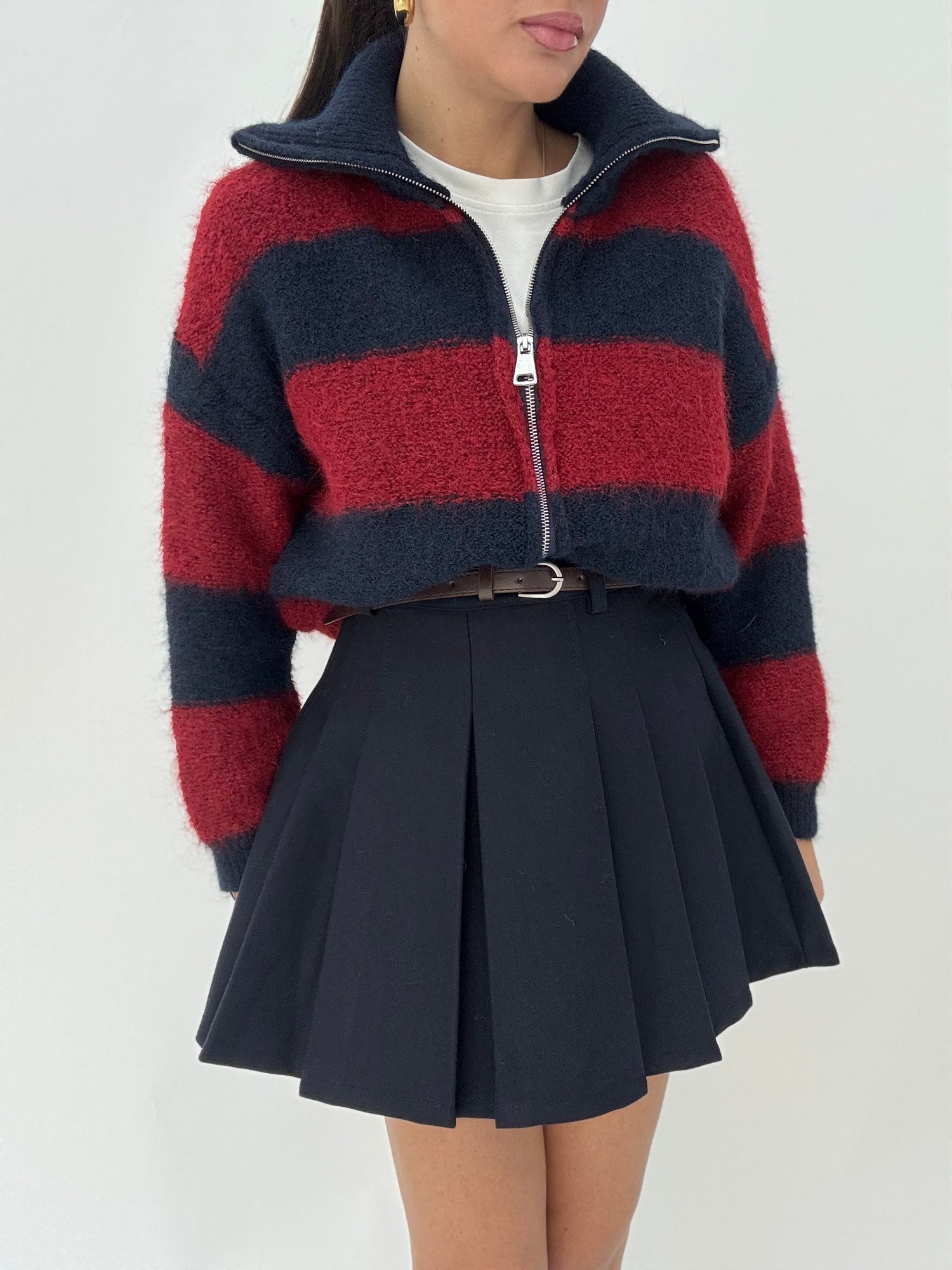 Cardigan/Polo ‘ZIP E RIGHE’ 8%LANA Bordeaux e Blu notte