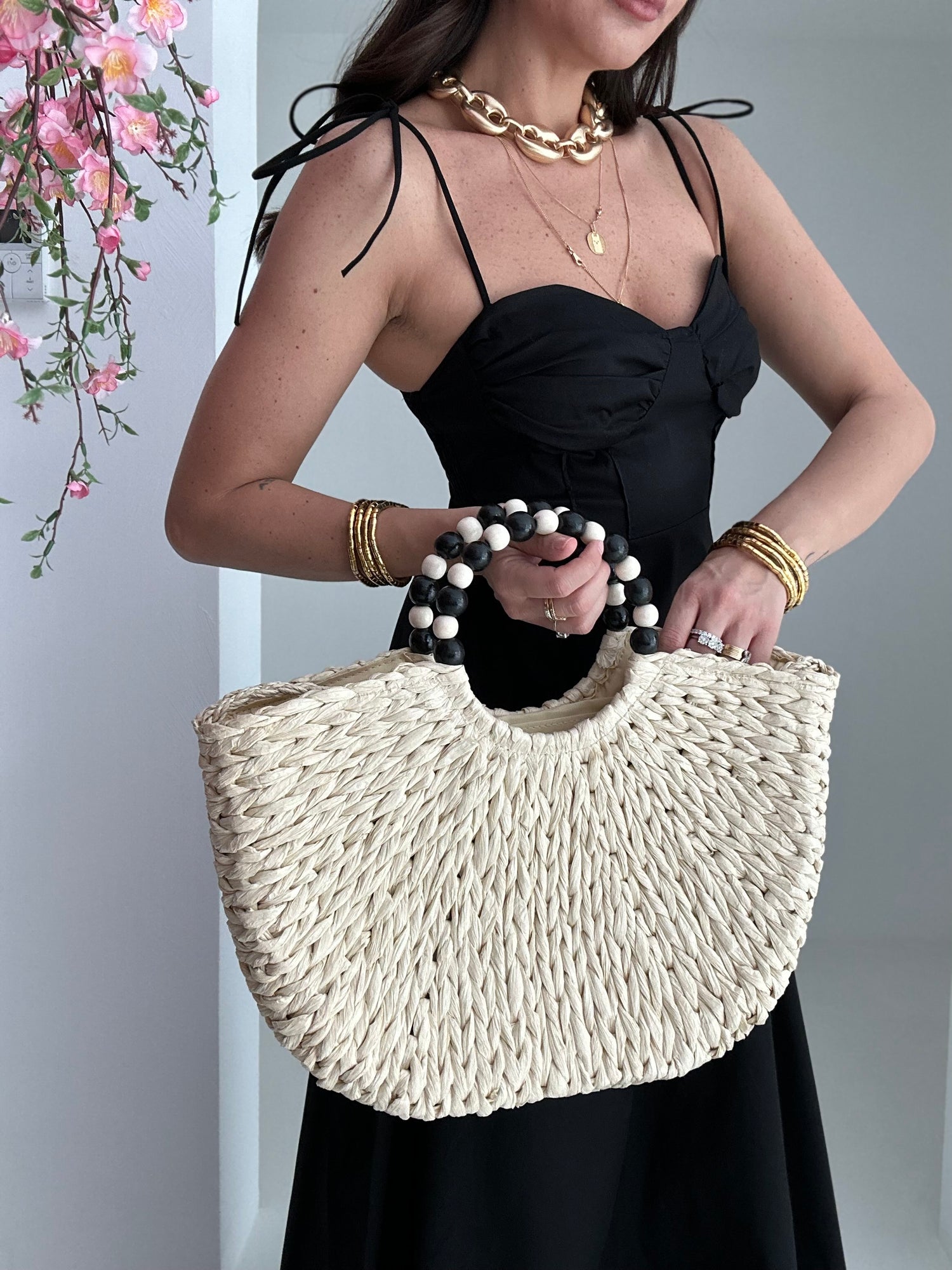 Borsa ‘SUMMER’ in rafia intrecciata Panna