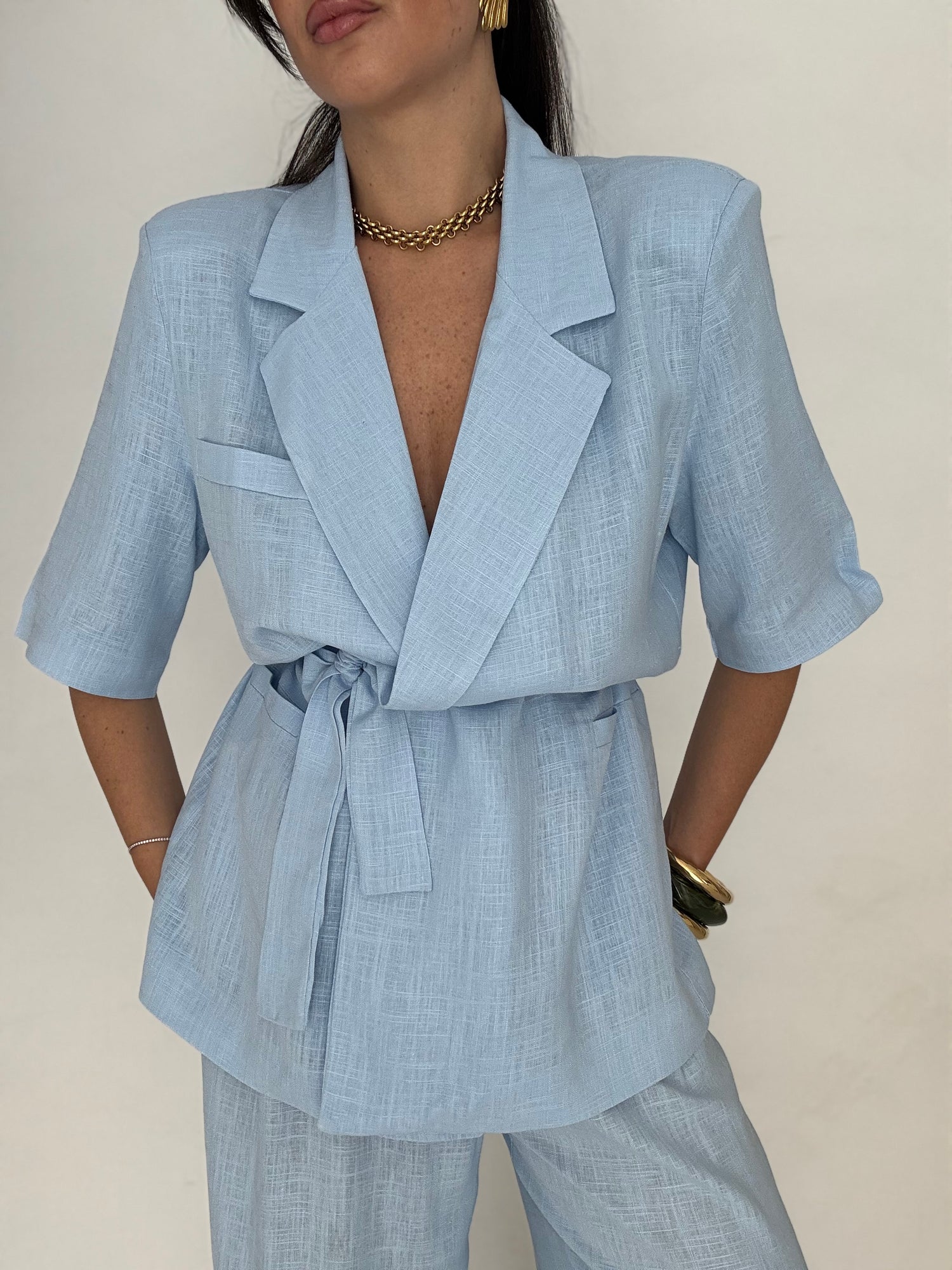 -PREORDINE-Tailleur ‘55% LINO’ Azzurro