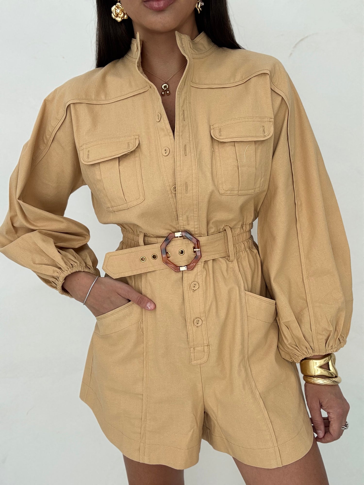 Tuta ‘80%COTONE’ con cintura incorporata Camel