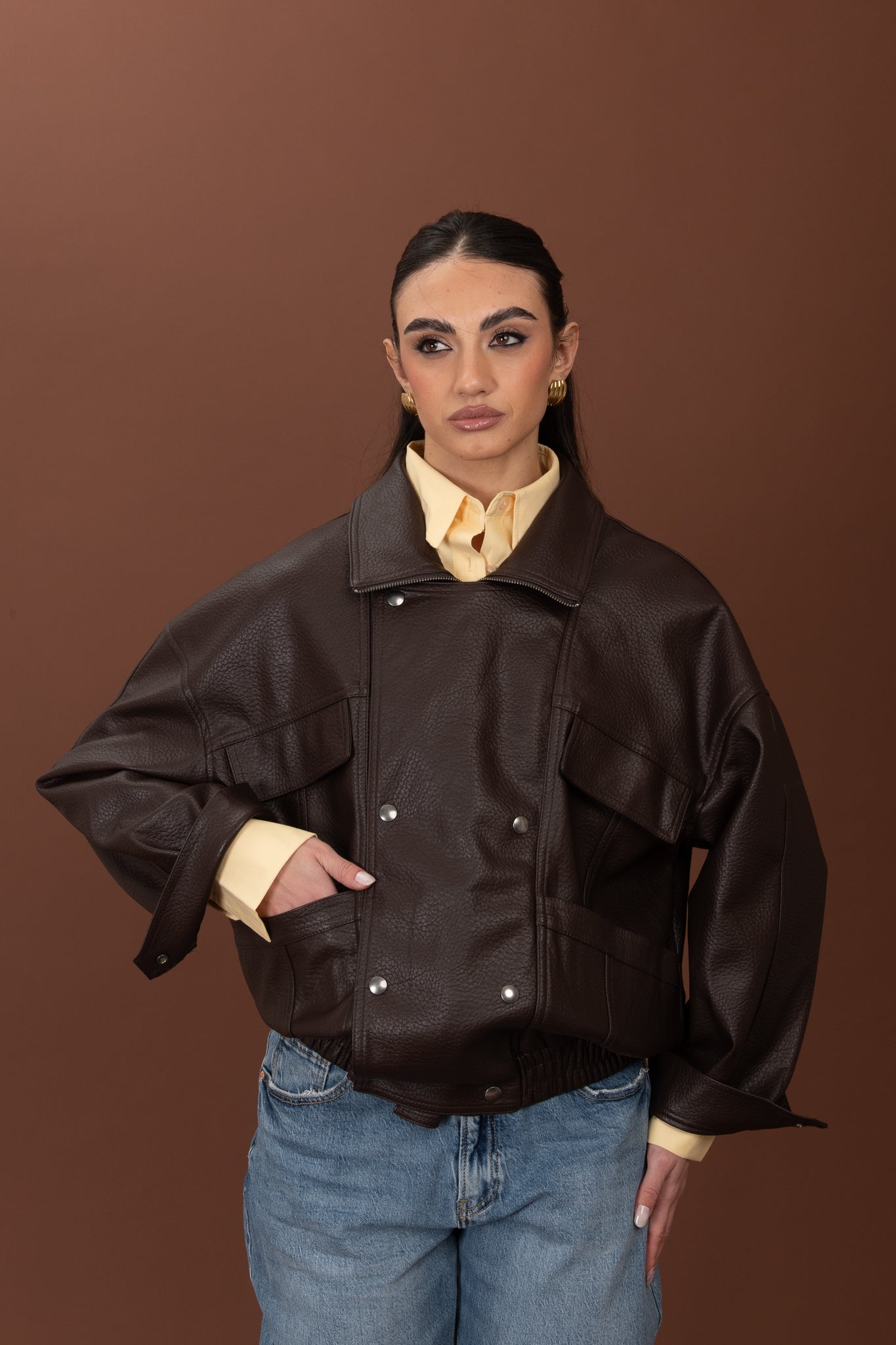 Chiodo ecopelle ‘DOPPIO PETTO’ Cacao