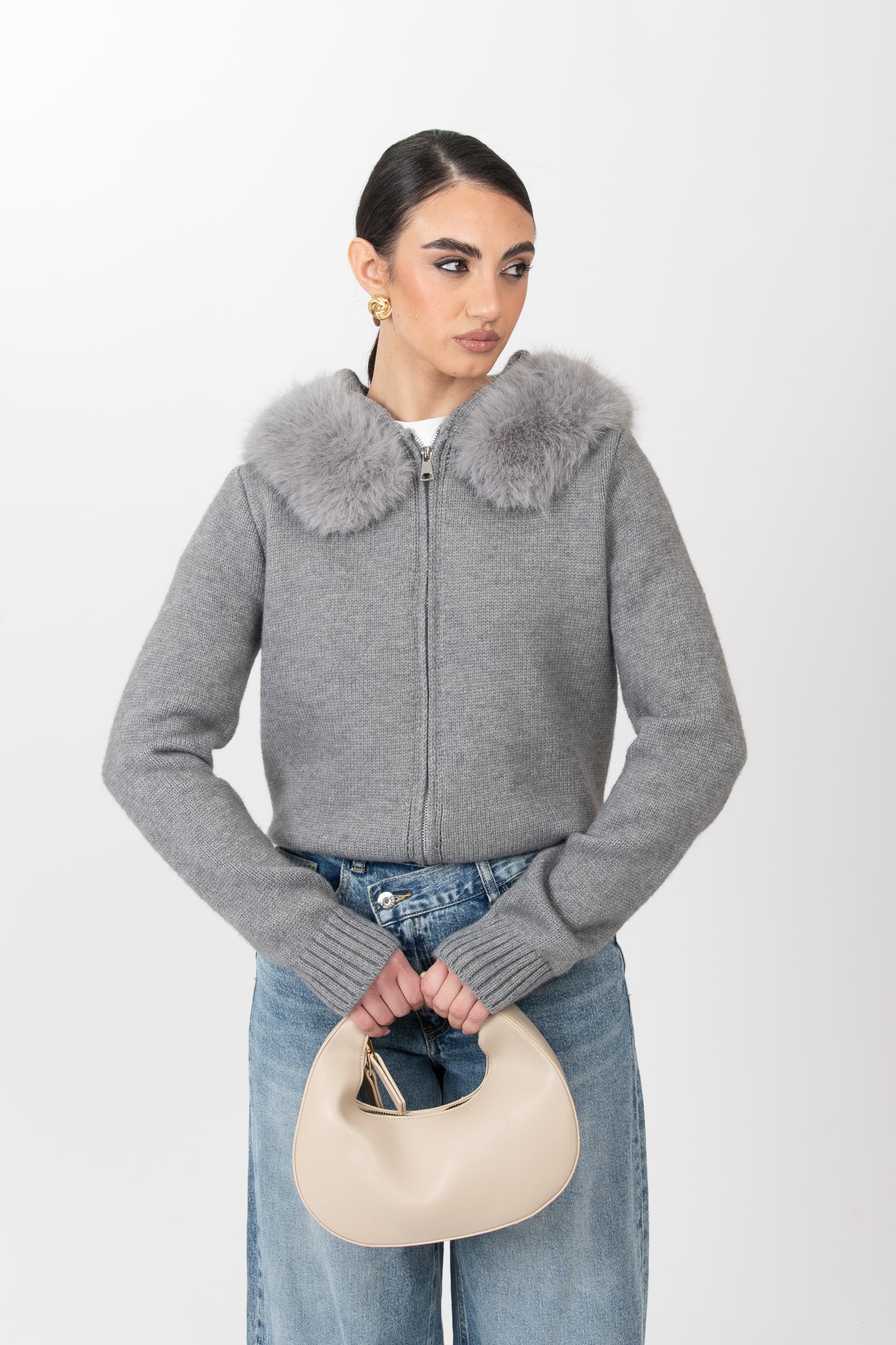 Cardigan ‘ECO-PELLICCIA e CAPPUCCIO’ Grigio