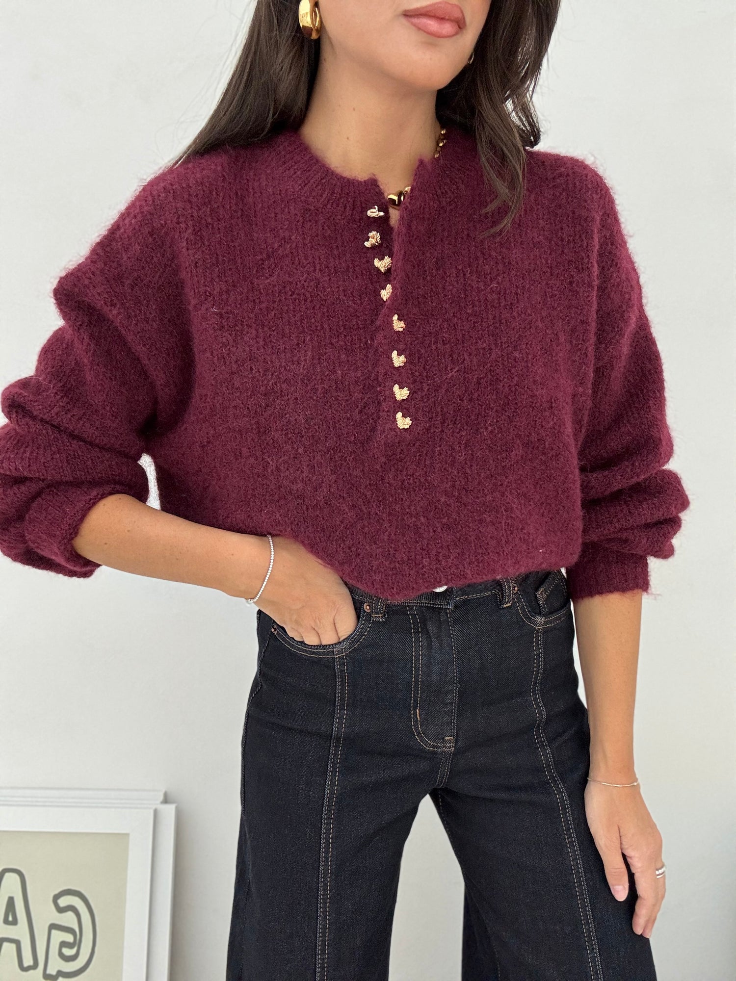 Maglione ‘BOTTONI MINI CUORE’ Bordeaux