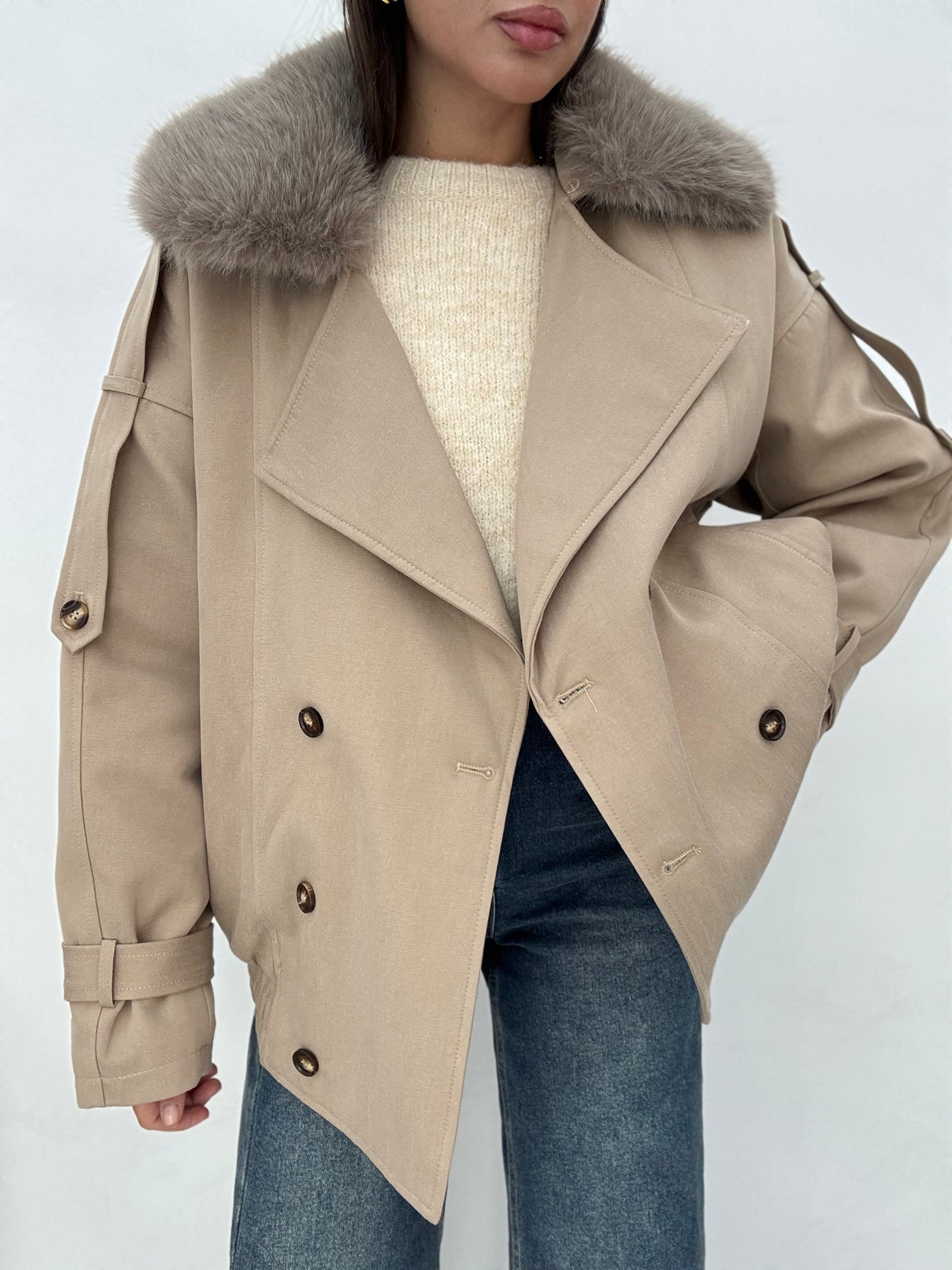 Bomber ‘WINTER’ con collo in pelliccia Camel