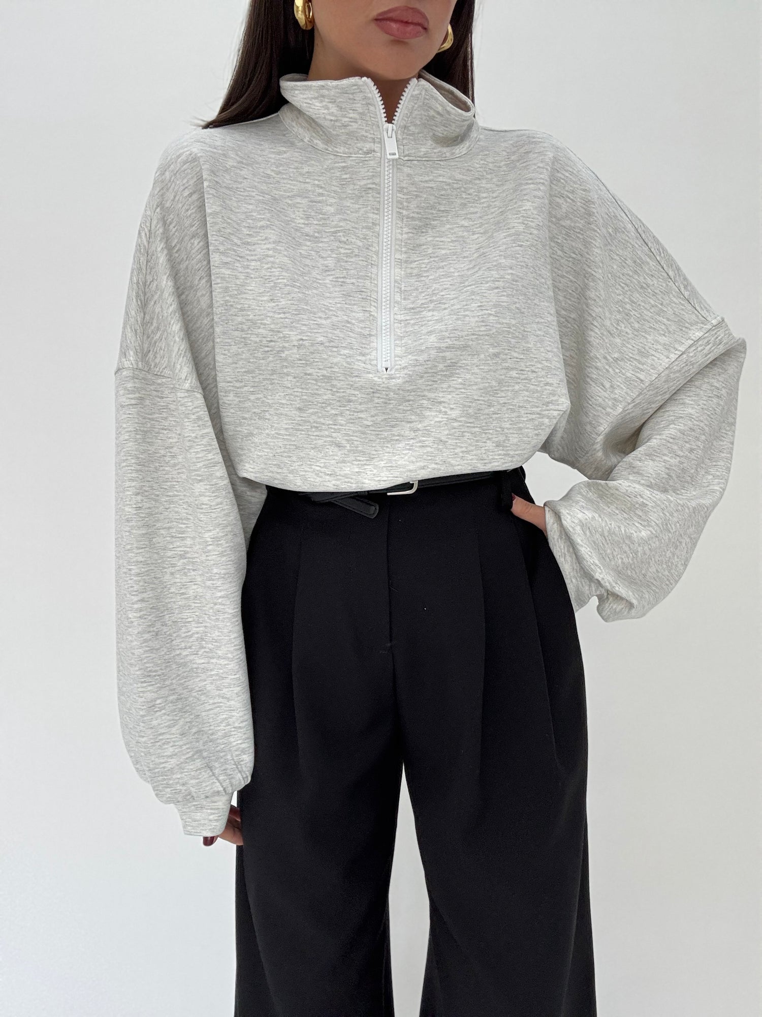 Felpa Crop con Zip Grigia