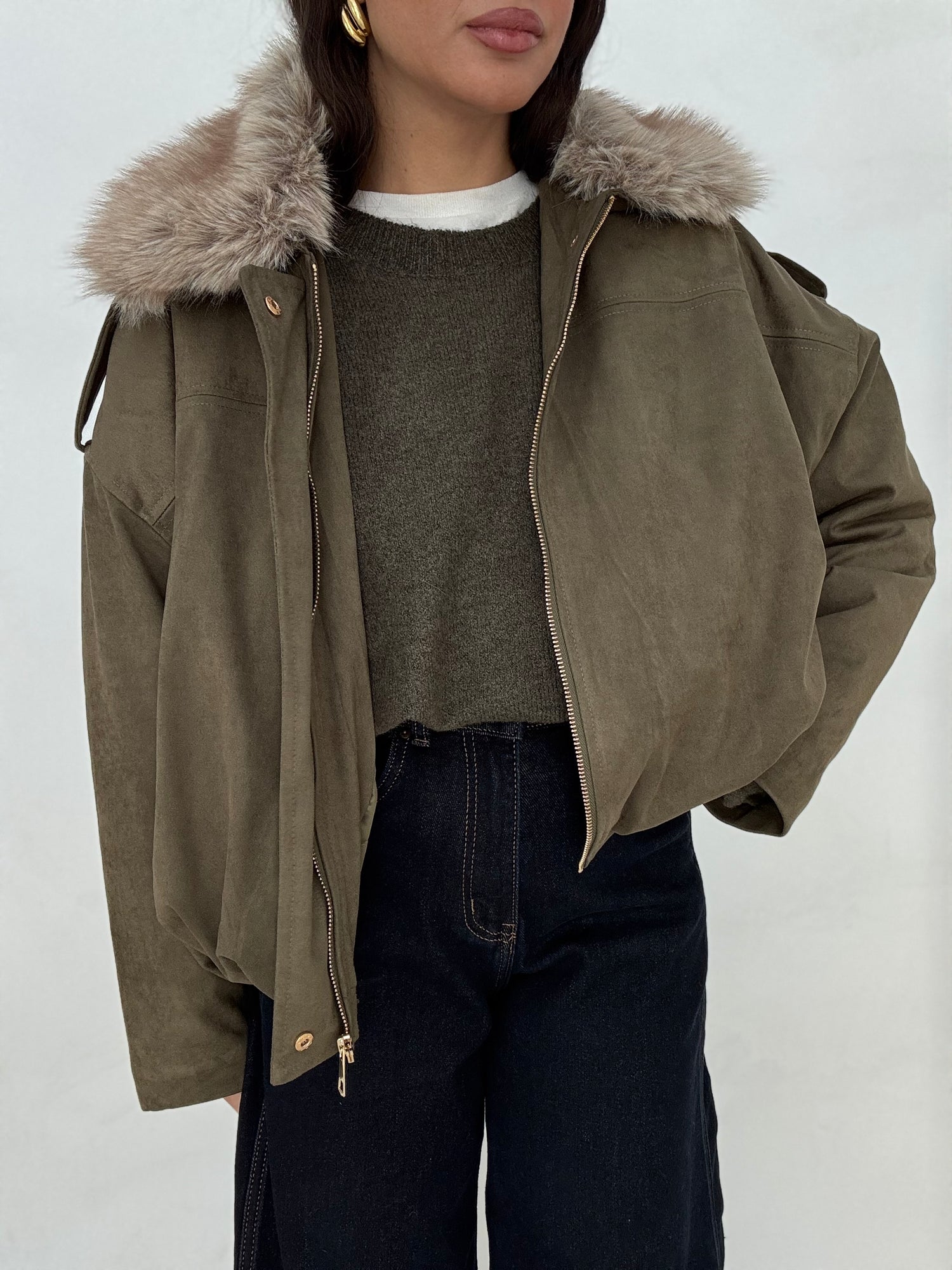 Bomber ‘COLLETTO SUEDE E ECO PELLICCIA’ Verde Militare