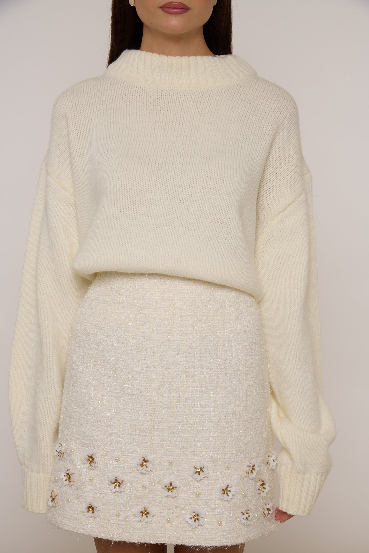 Gonna ‘IN TWEED’ con applicazioni floreali Bianco
