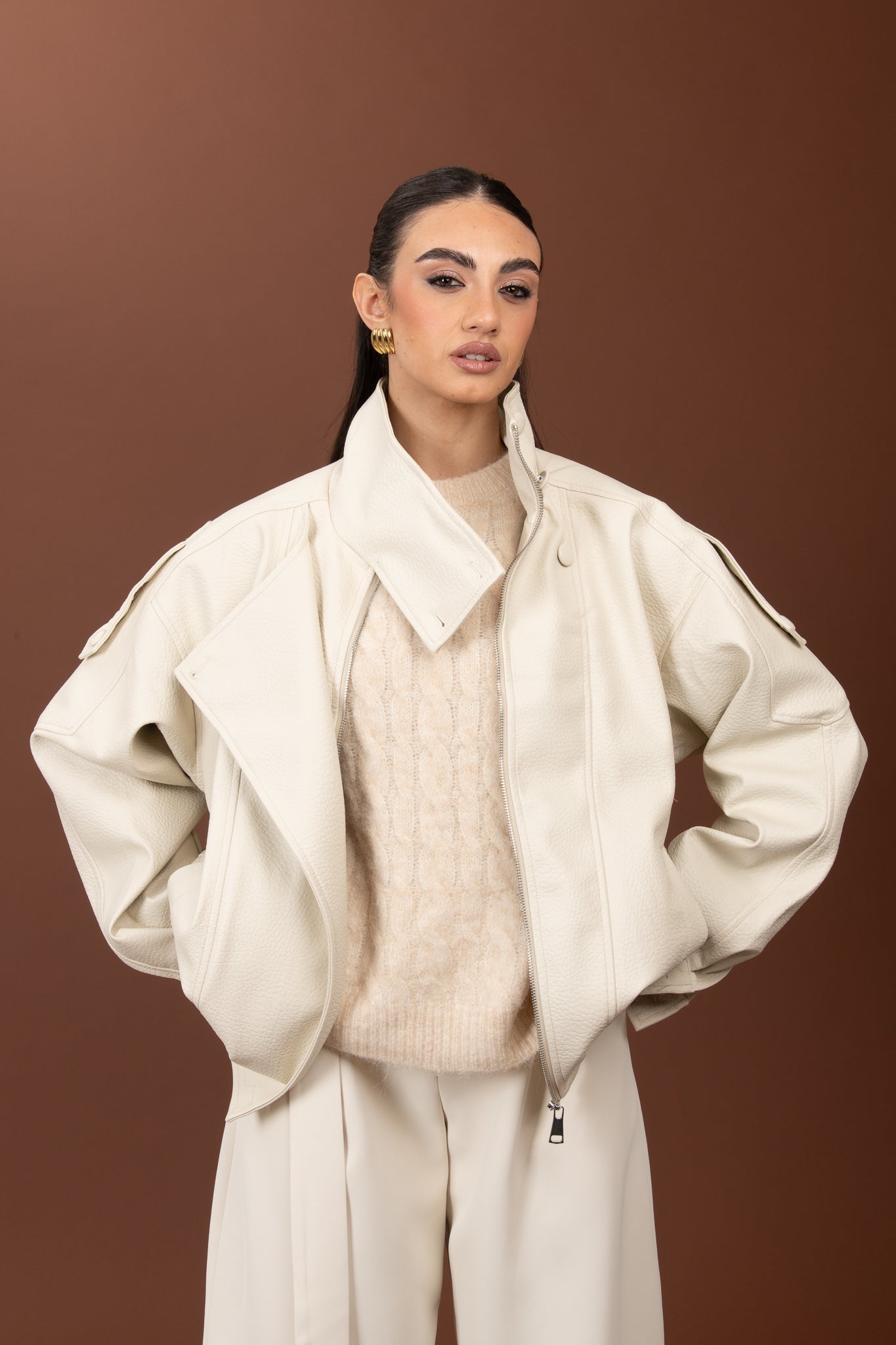 Chiodo/Bomber ‘COLLO ALTO’ ecopelle Panna