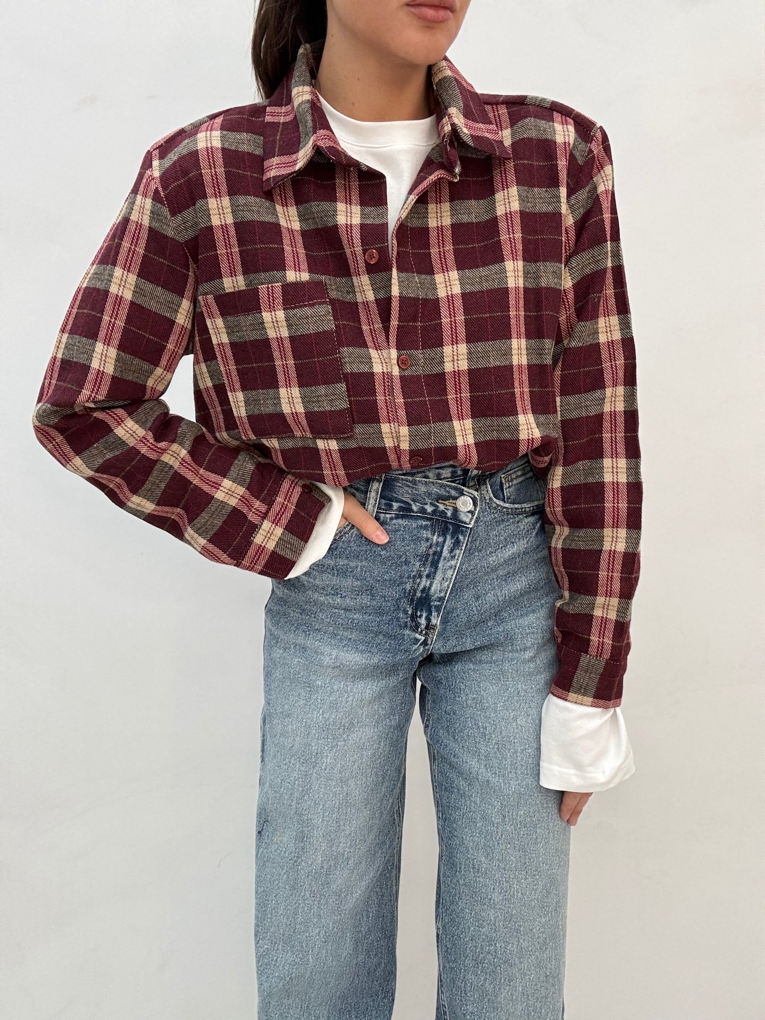 Camicia ‘QUADRI 15% LANA’ base BORDEAUX