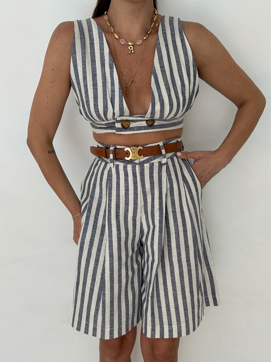 Coordinato ‘RIGHE’ 47% LINO BY LUMINA’ Azzuro e Bianco