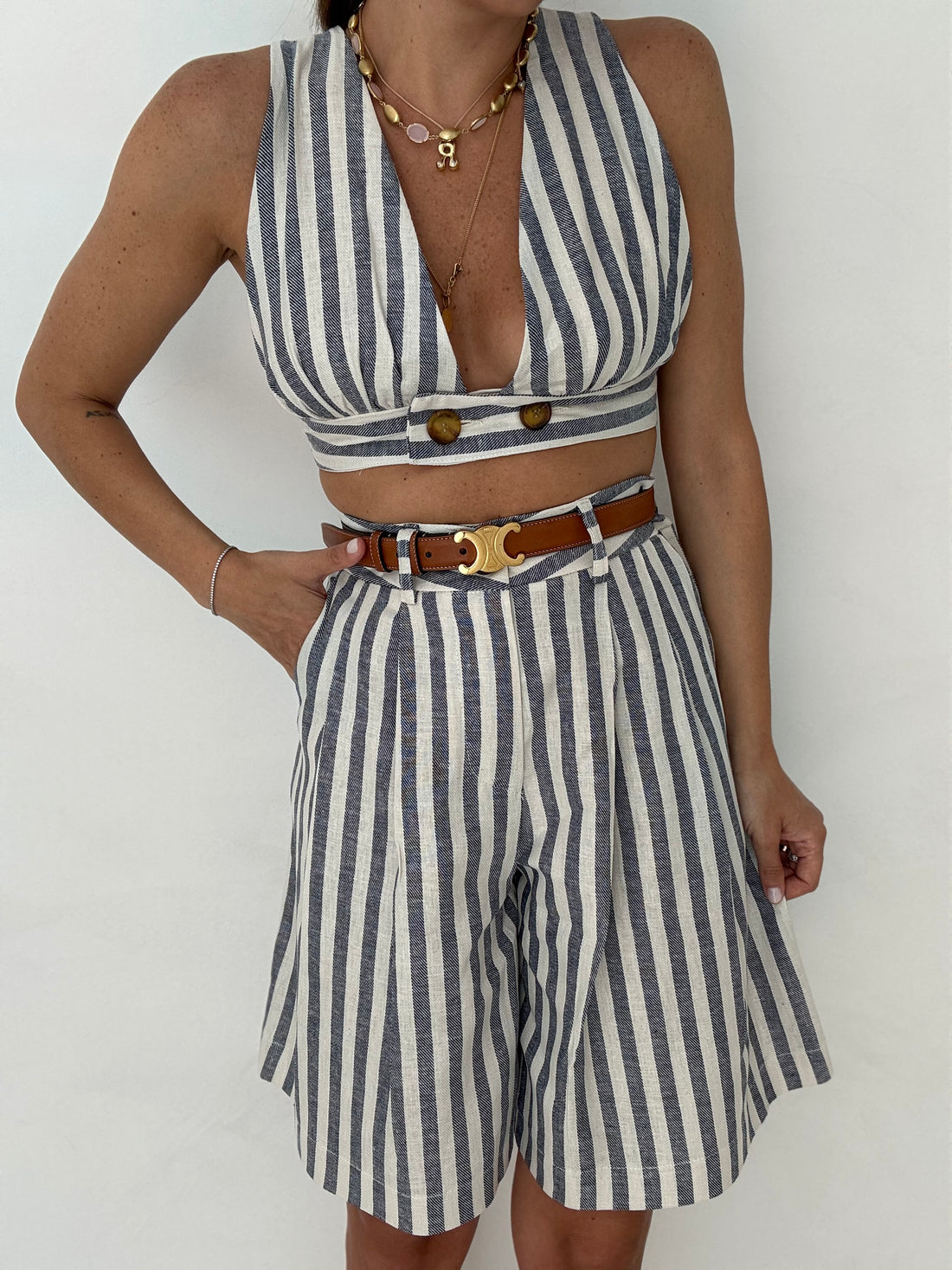 Coordinato ‘RIGHE’ 47% LINO BY LUMINA’ Azzuro e Bianco