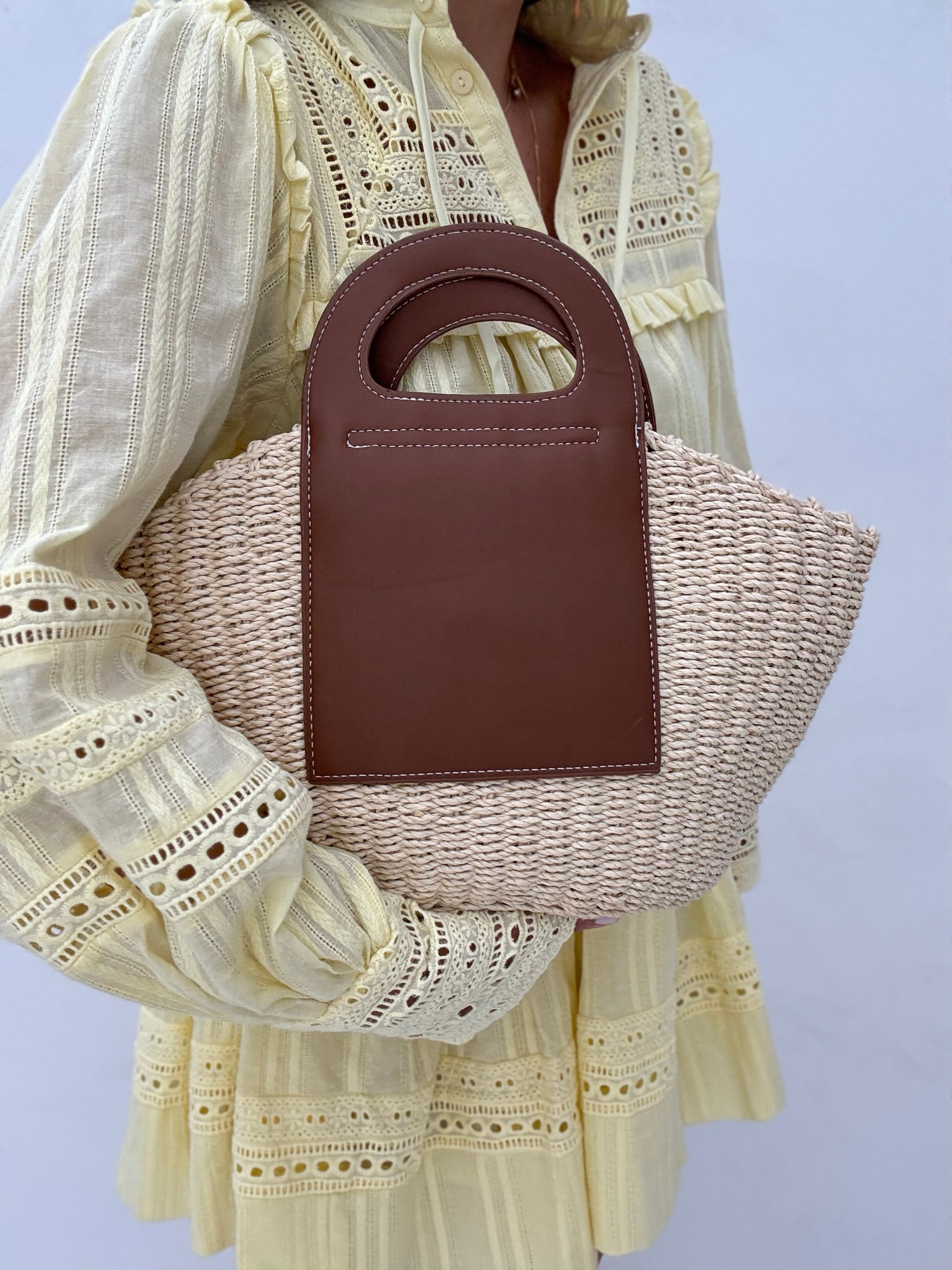 Borsa ‘OASIS’ rafia con manico Cuoio