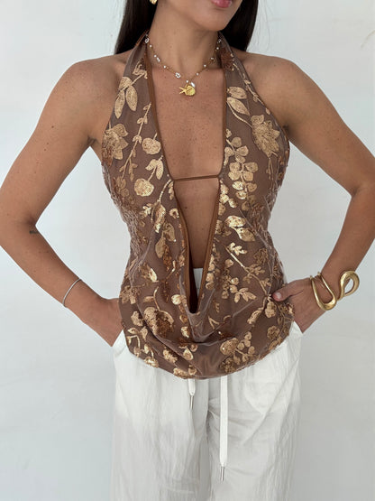 Top ‘AMIRA’ schiena scoperta con fiori di paillettes Cacao