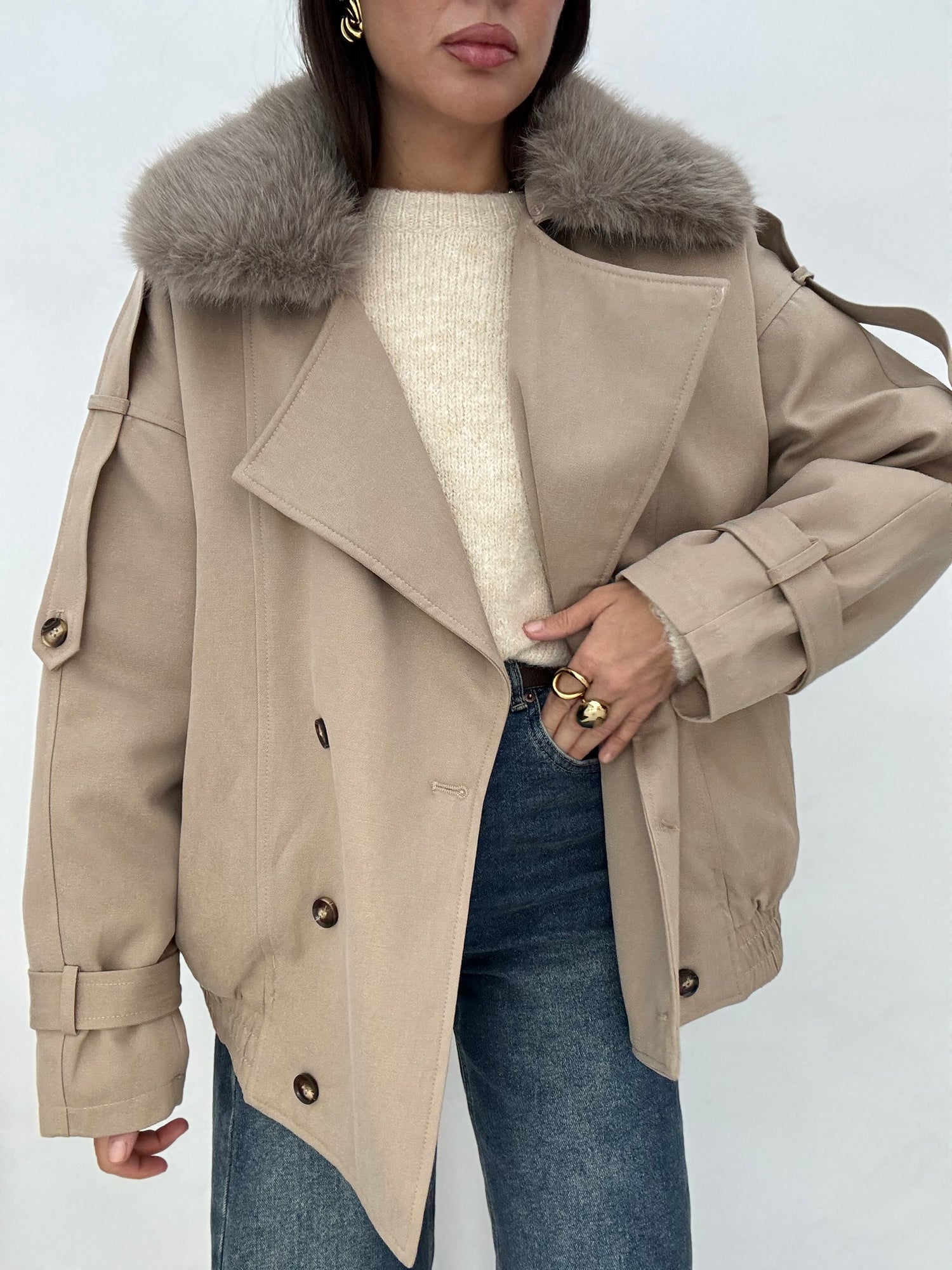 Bomber ‘WINTER’ con collo in pelliccia Camel