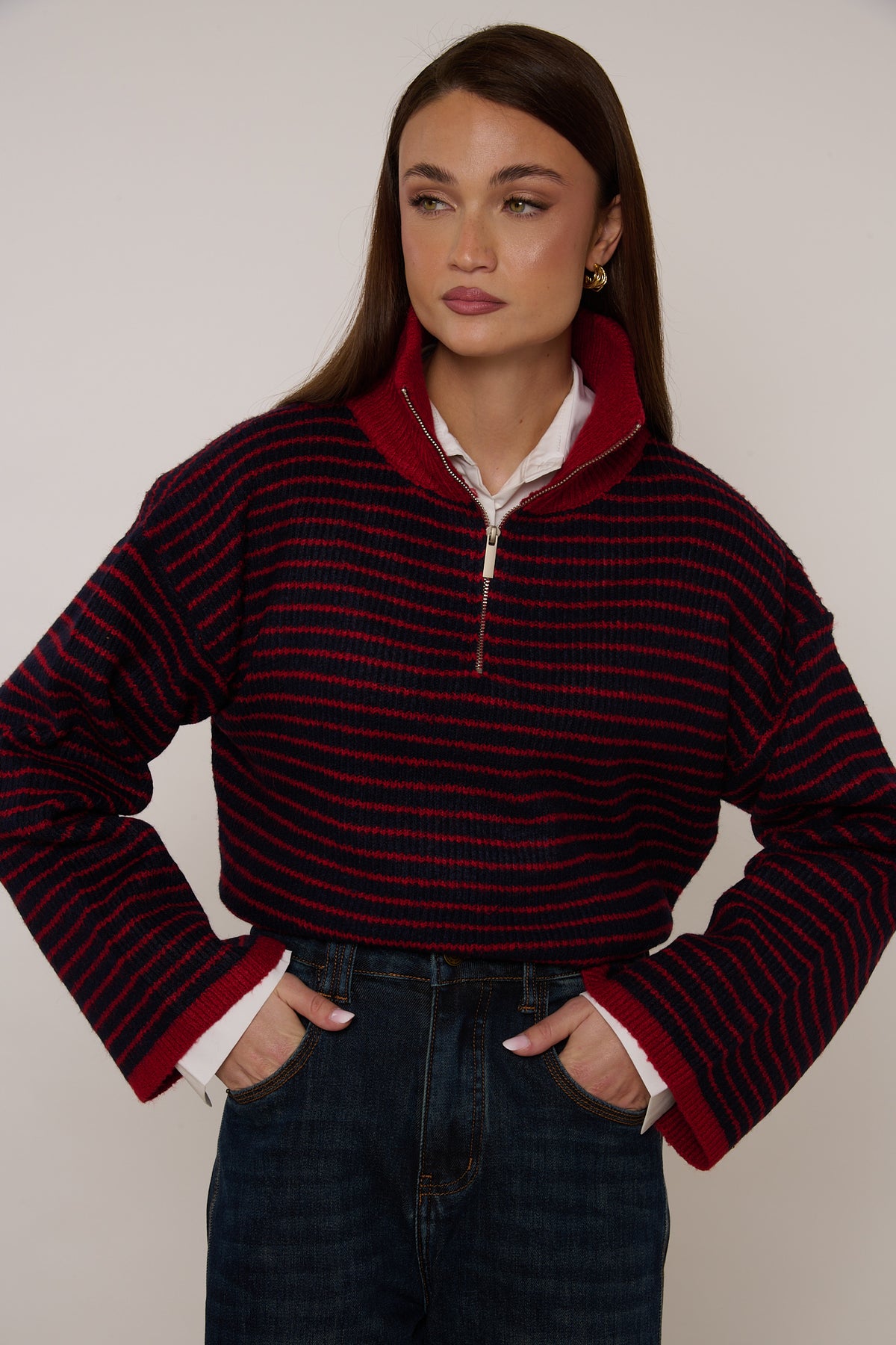 Maglione ‘ZIP’ 10% LANA Collo Alto Righe Blu/Rosso
