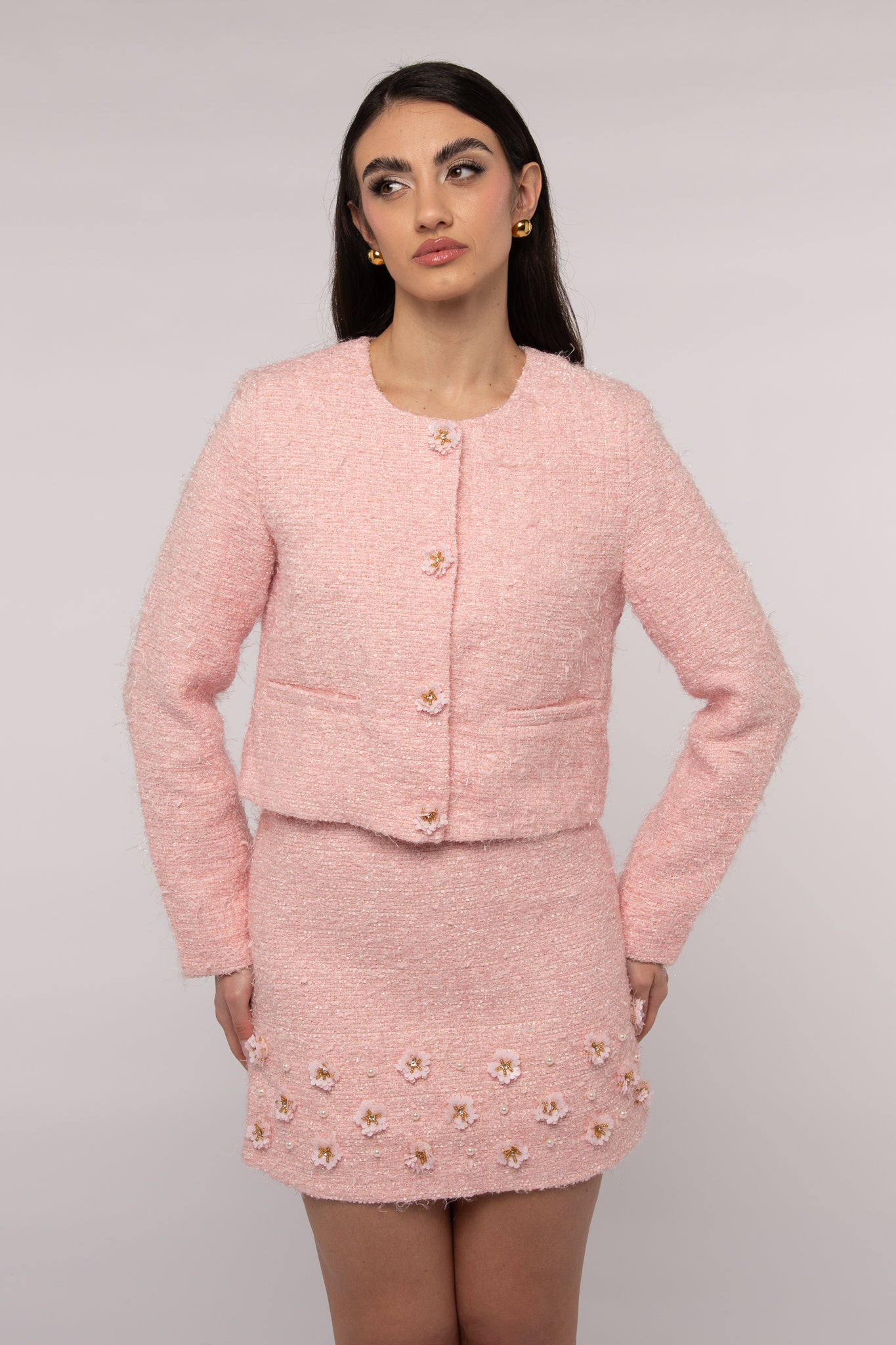 Blazer ‘IN TWEED’ con bottoni fiore Rosa
