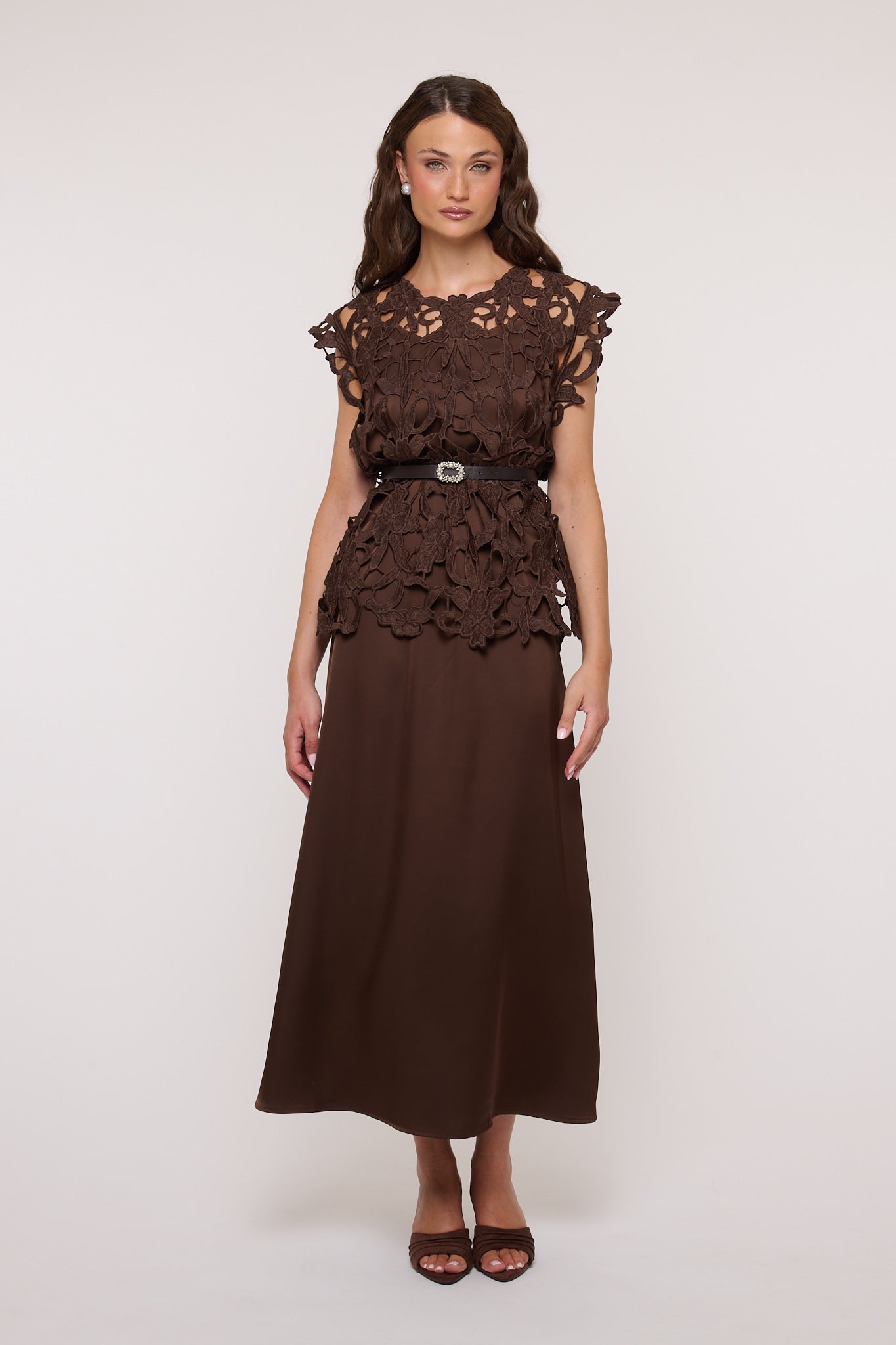 Abito ‘SATIN+BLUSA TRAFORATA’ Cacao