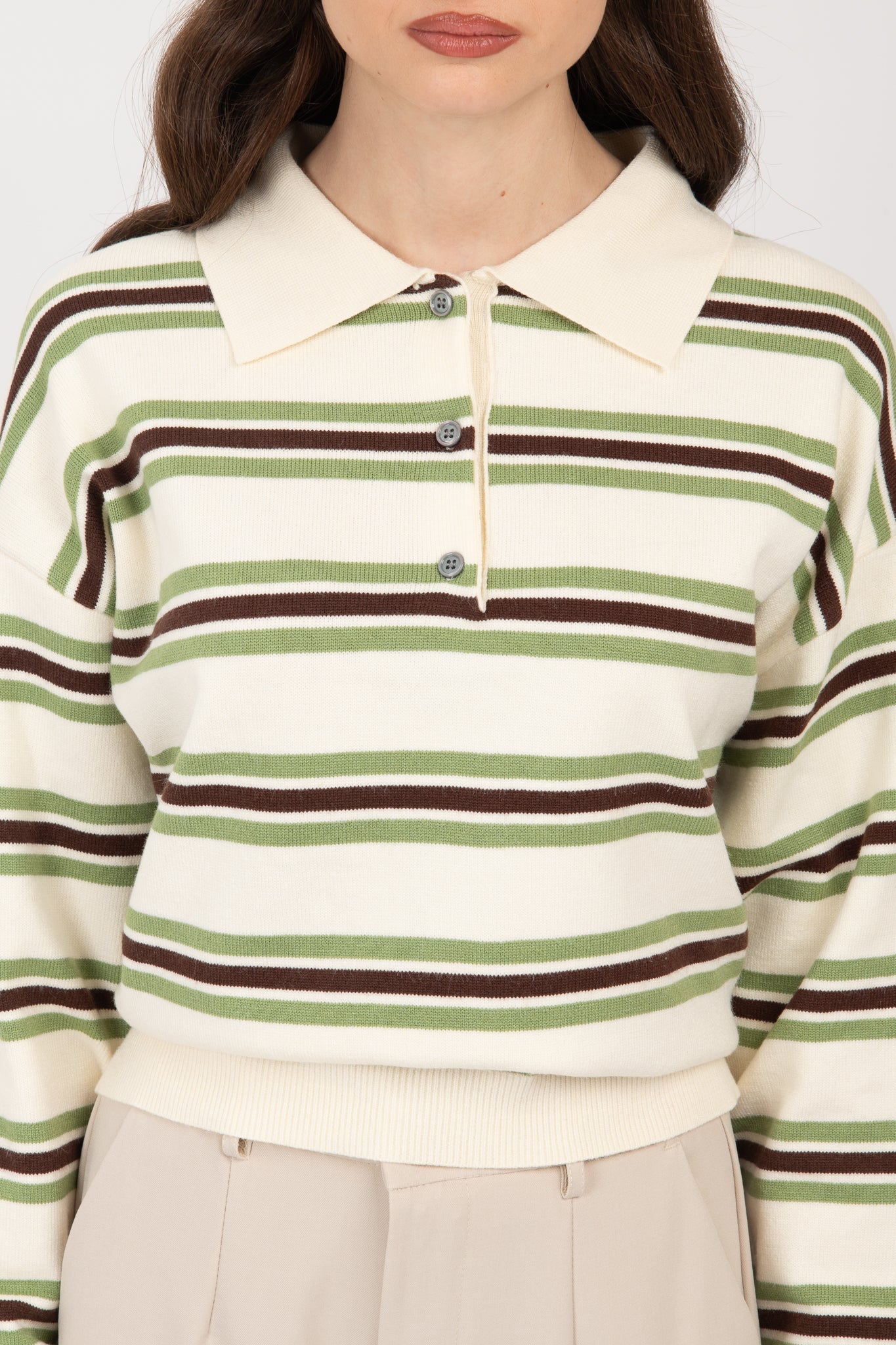 Maglione polo righe Cacao e Verde Base Panna