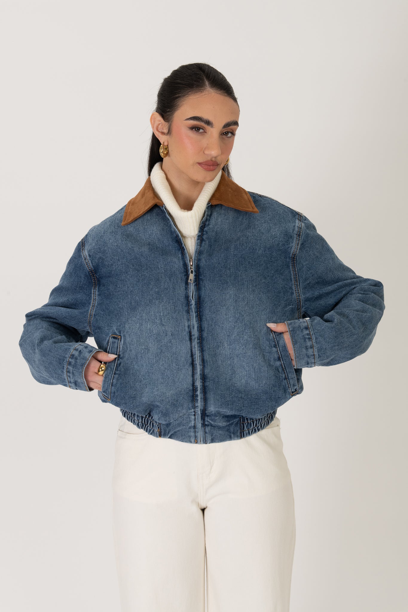 Bomber in denim ‘COLLO IN CAMOSCIO’