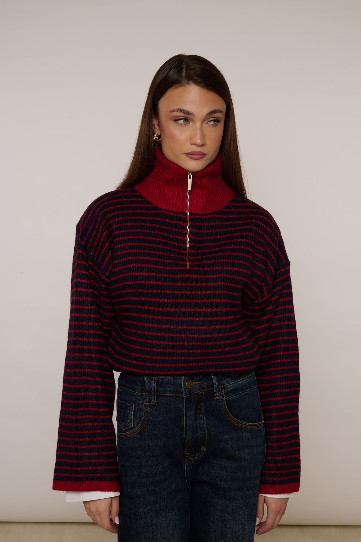Maglione ‘ZIP’ 10% LANA Collo Alto Righe Blu/Rosso