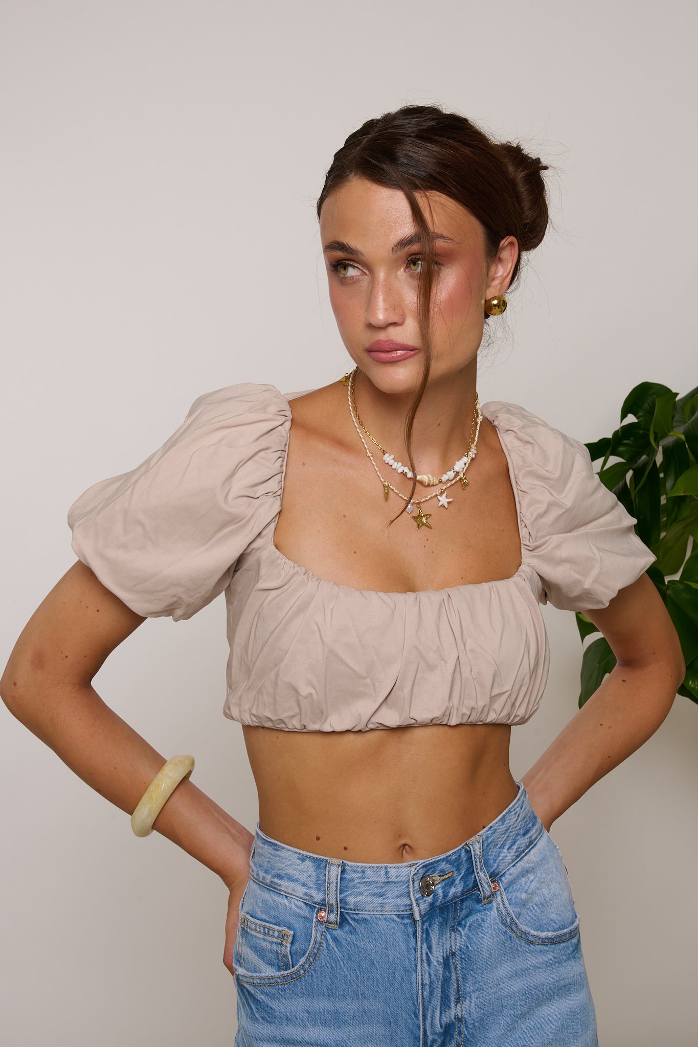 Top ‘3&33’ Manica a Sbuffo Beige