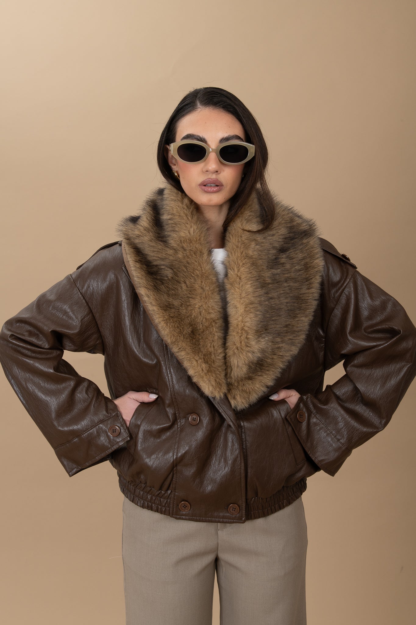 Bomber ecopelle ‘COLLO ECO-PELLICCIA’ Cacao