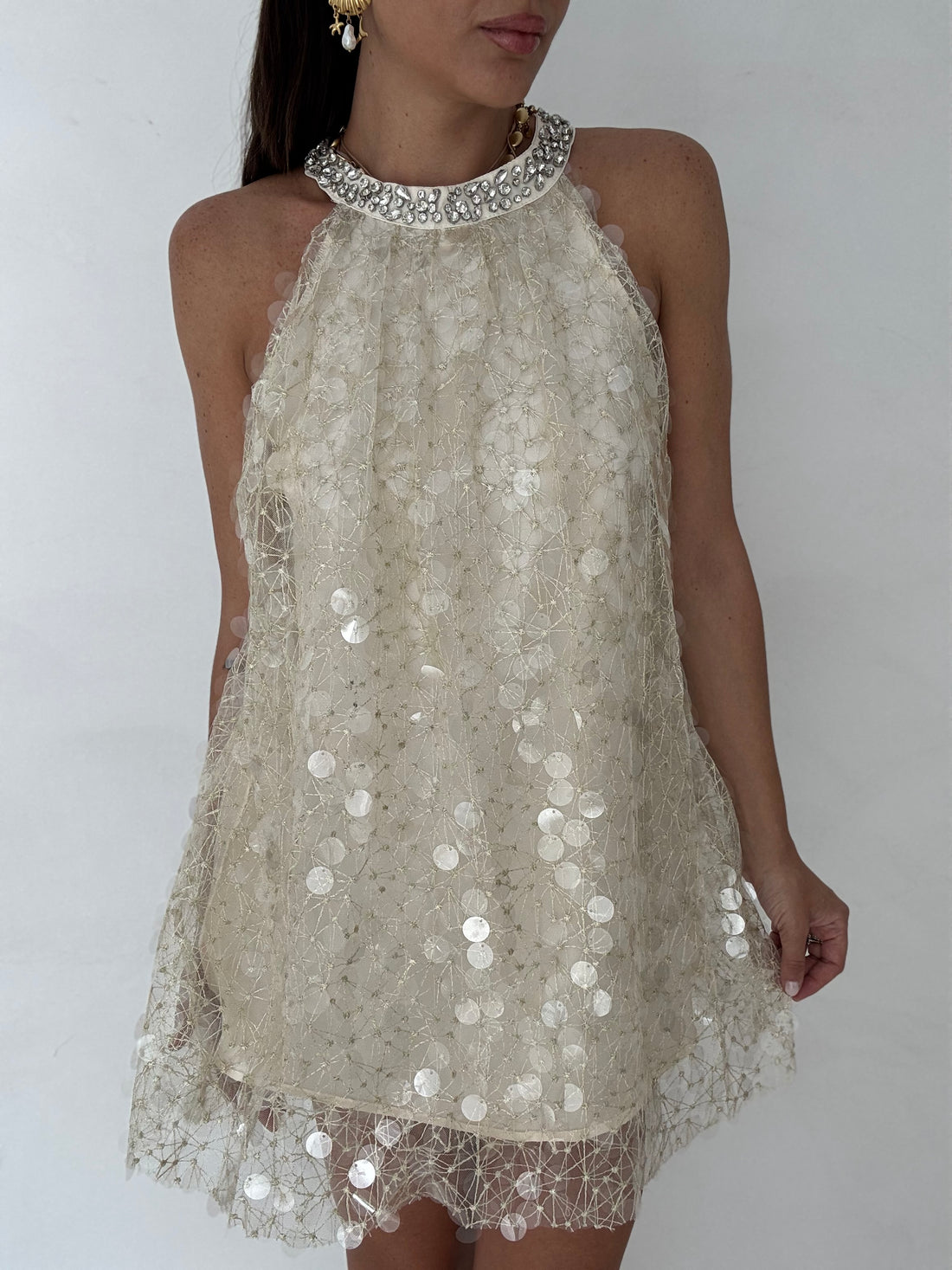 Abito ‘GIROCOLLO STRASS E PAILLETTES’ Burro