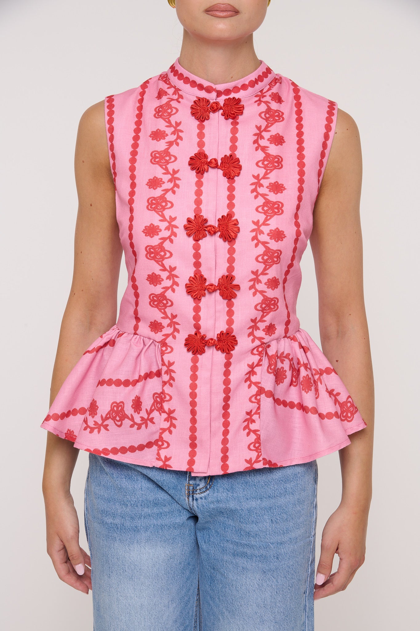 Gilet ‘100% LINO’ Con Alamari e Balze Rosa e Rosso