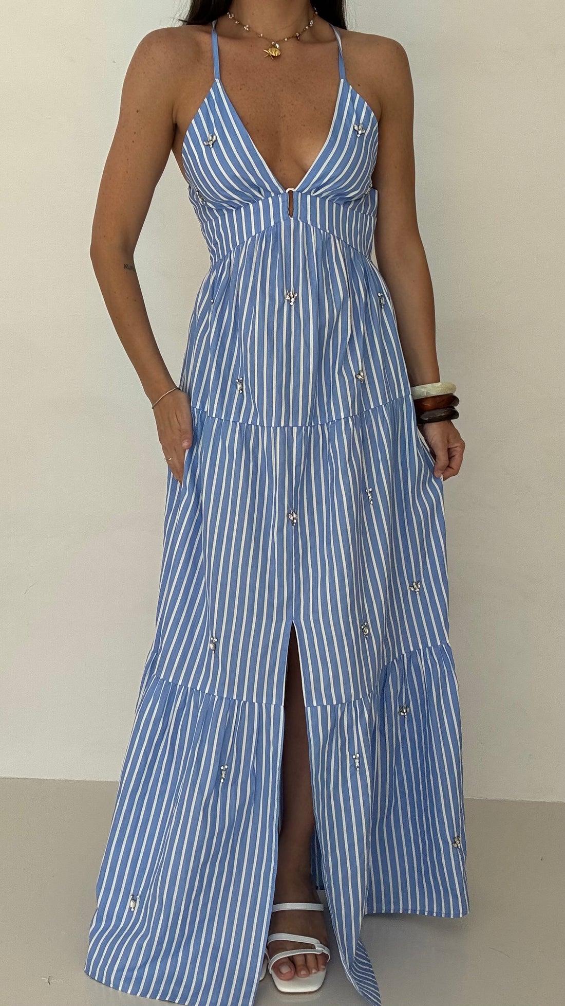 Abito ‘100% COTONE RIGHE AZZURRE’ con diamanti