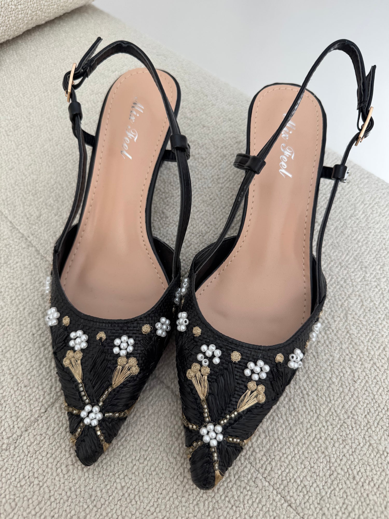 Slingback ‘RAFIA E MINI PERLE’ Nera