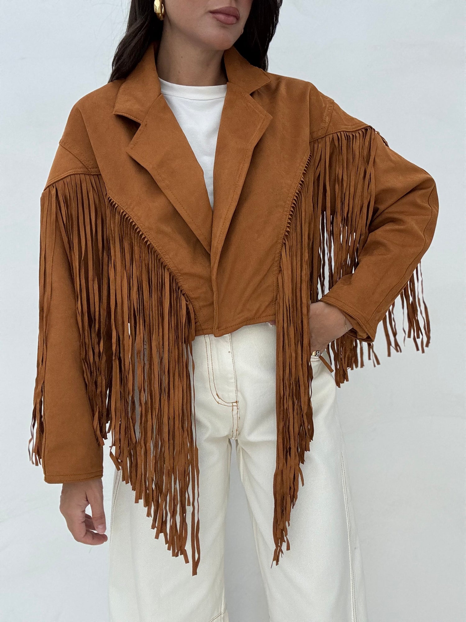 Giacca crop ‘SUEDE E FRANGE’ Camel