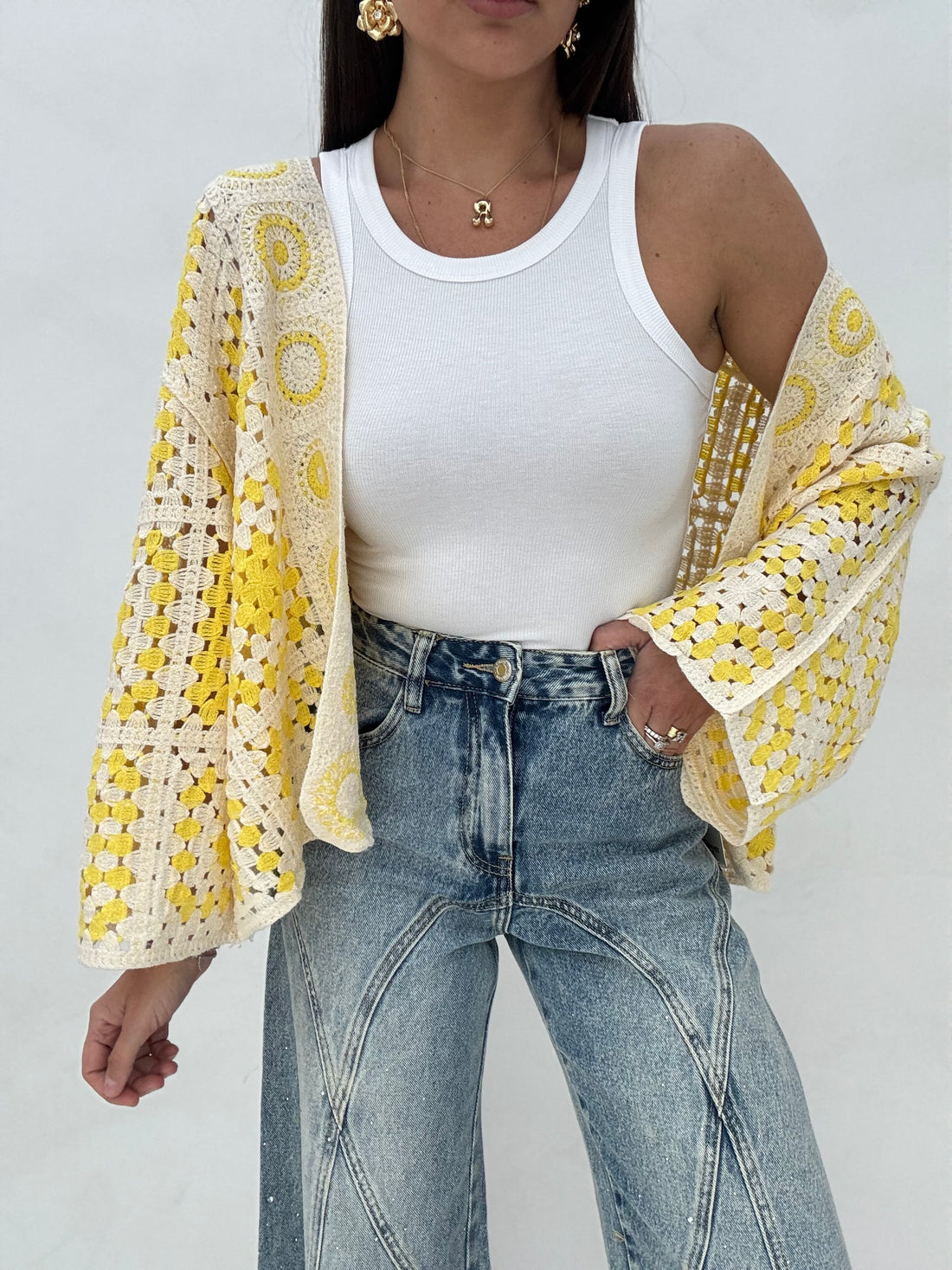 Cardigan ‘CROCHET’ Giallo e Panna
