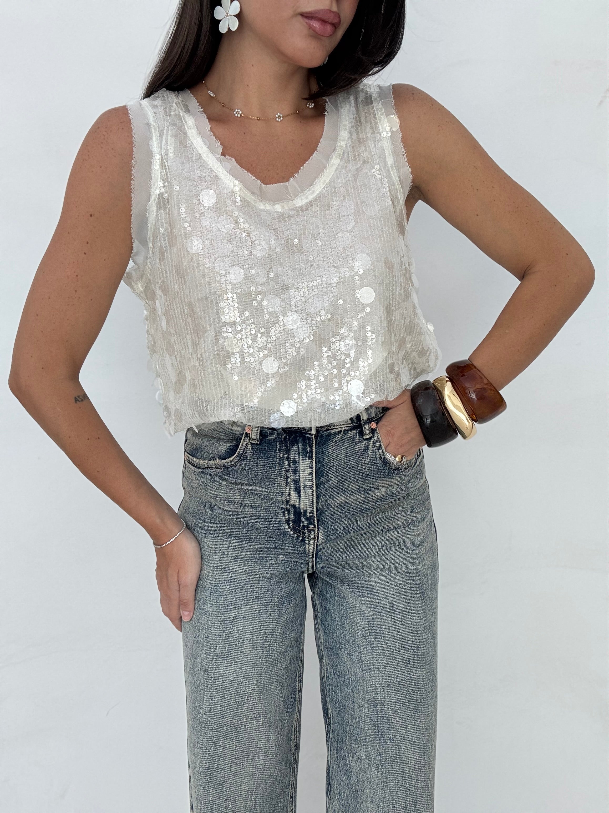 Canotta ‘PAILLETTES’ Panna