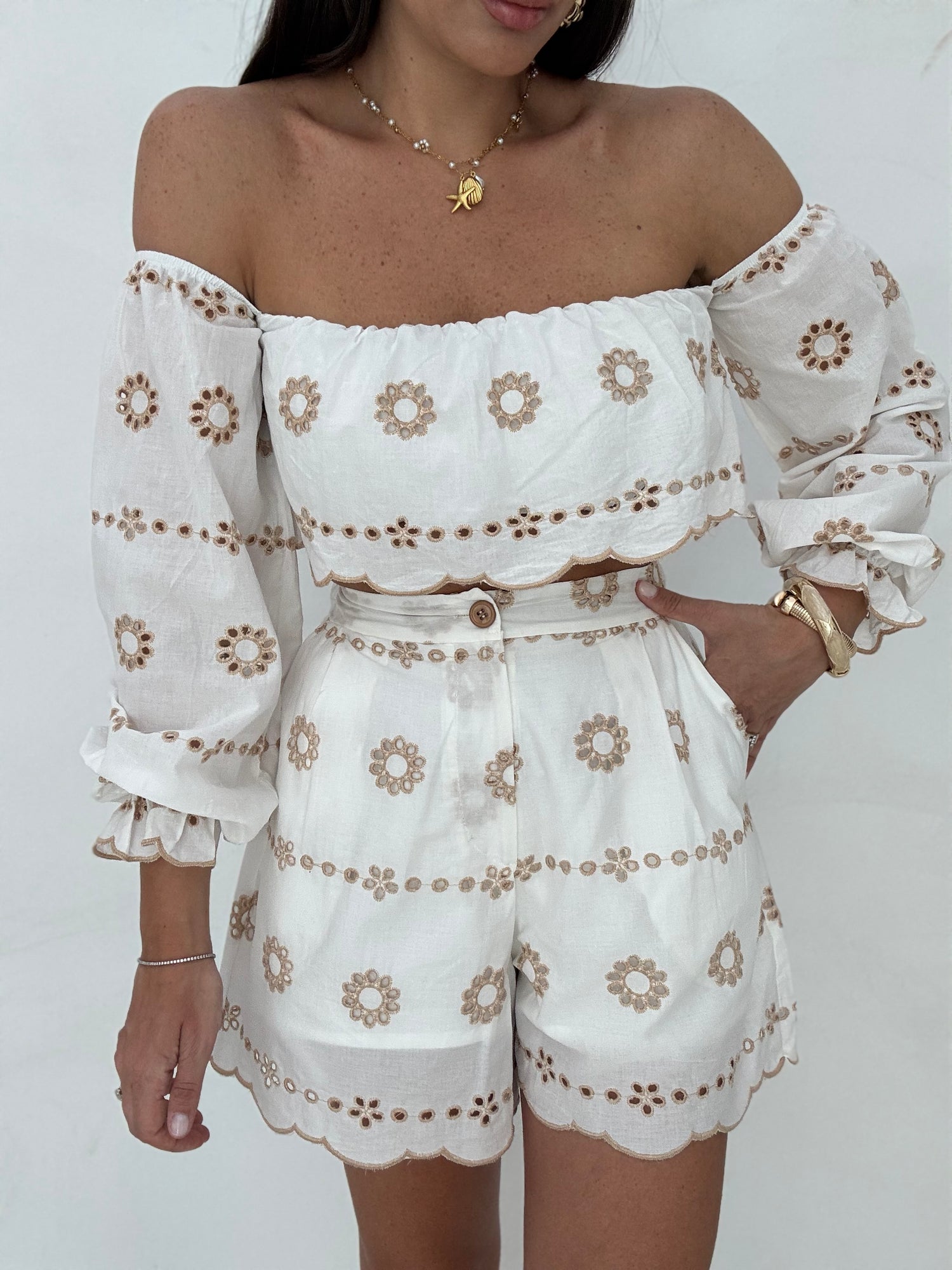 Pantaloncino ‘PIZZO SANGALLO 100%COTONE 3&amp;33’ Bianco e Beige