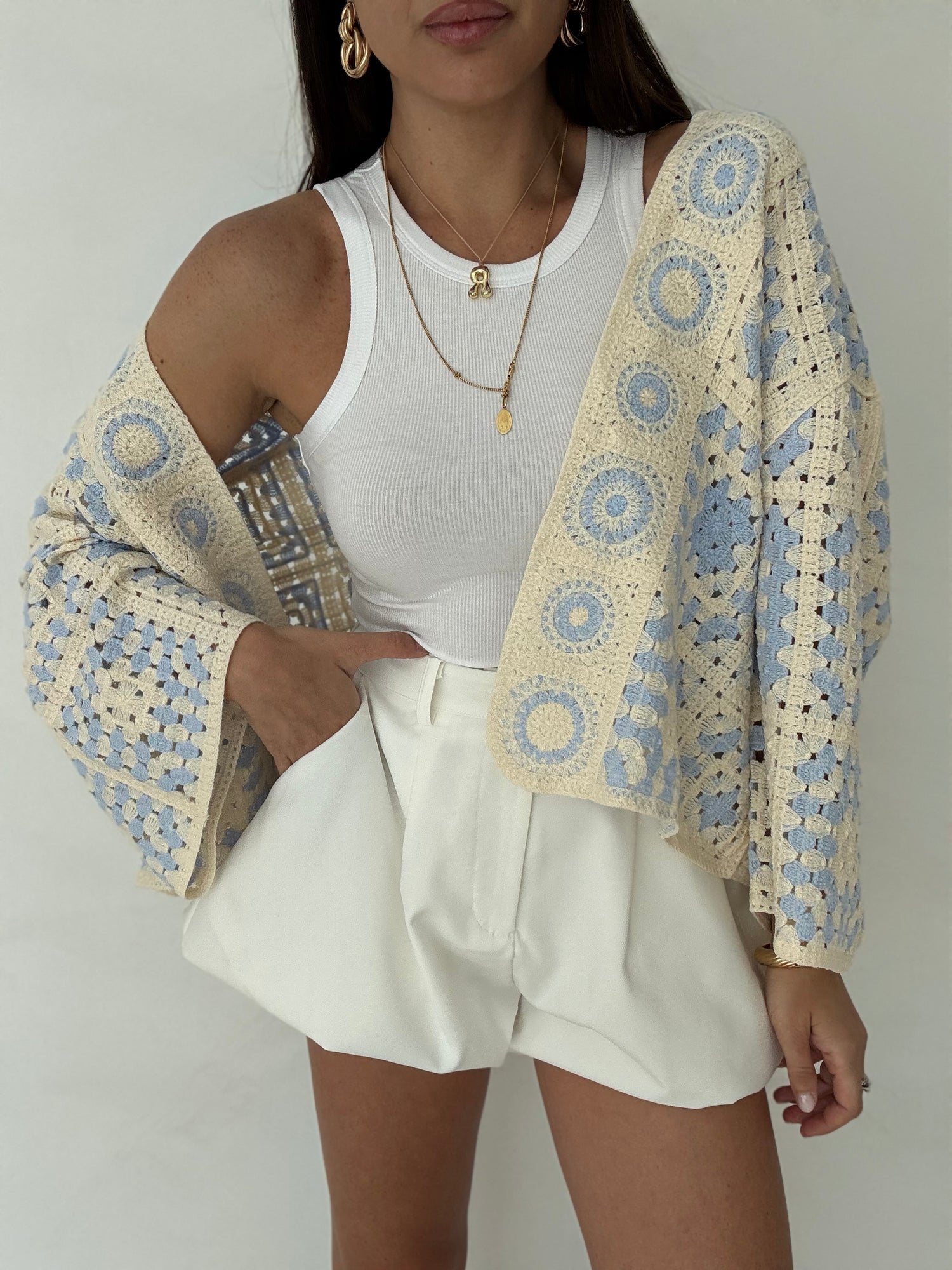 Cardigan ‘CROCHET’ Azzurro e Panna