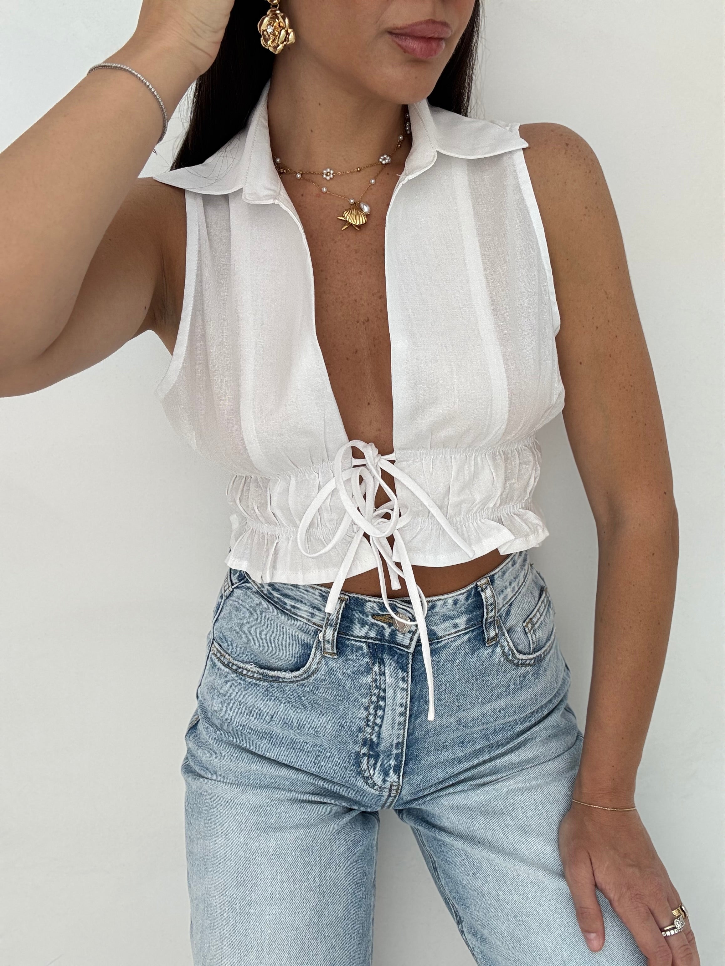 Top/Gilet ‘30%LINO’ con fiocchetti BIANCO