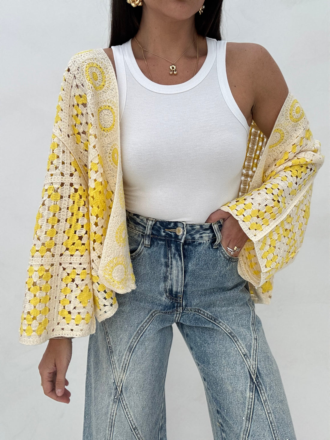 Cardigan ‘CROCHET’ Giallo e Panna