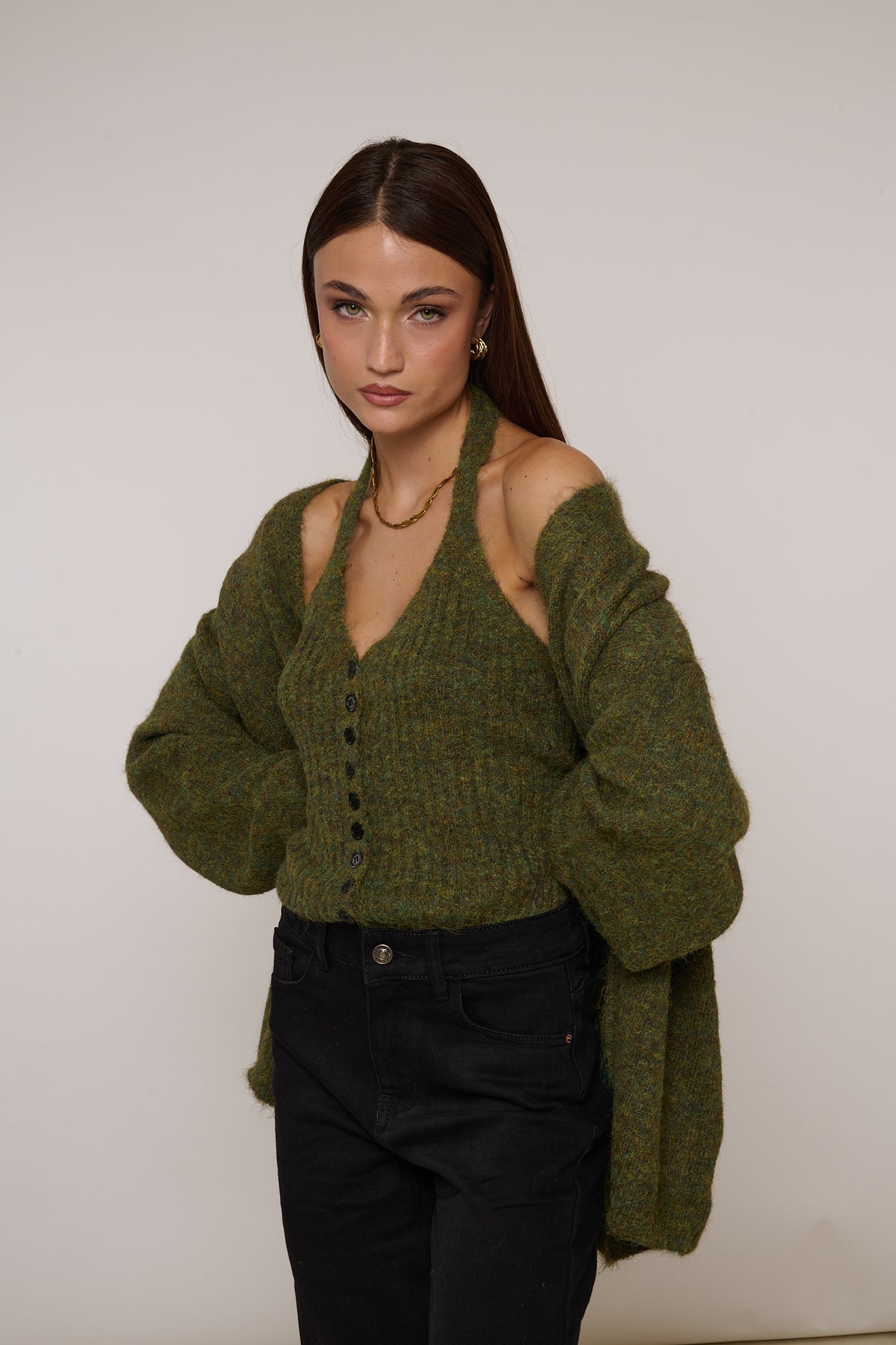 Cardigan+Top Bottoncini Verde Militare