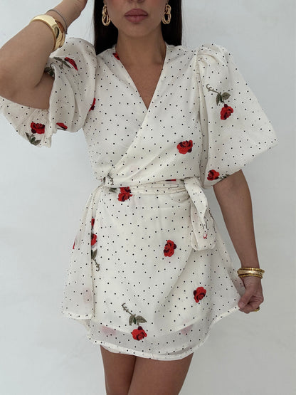 Abito Portafoglio  ‘POIS E ROSE’  Panna