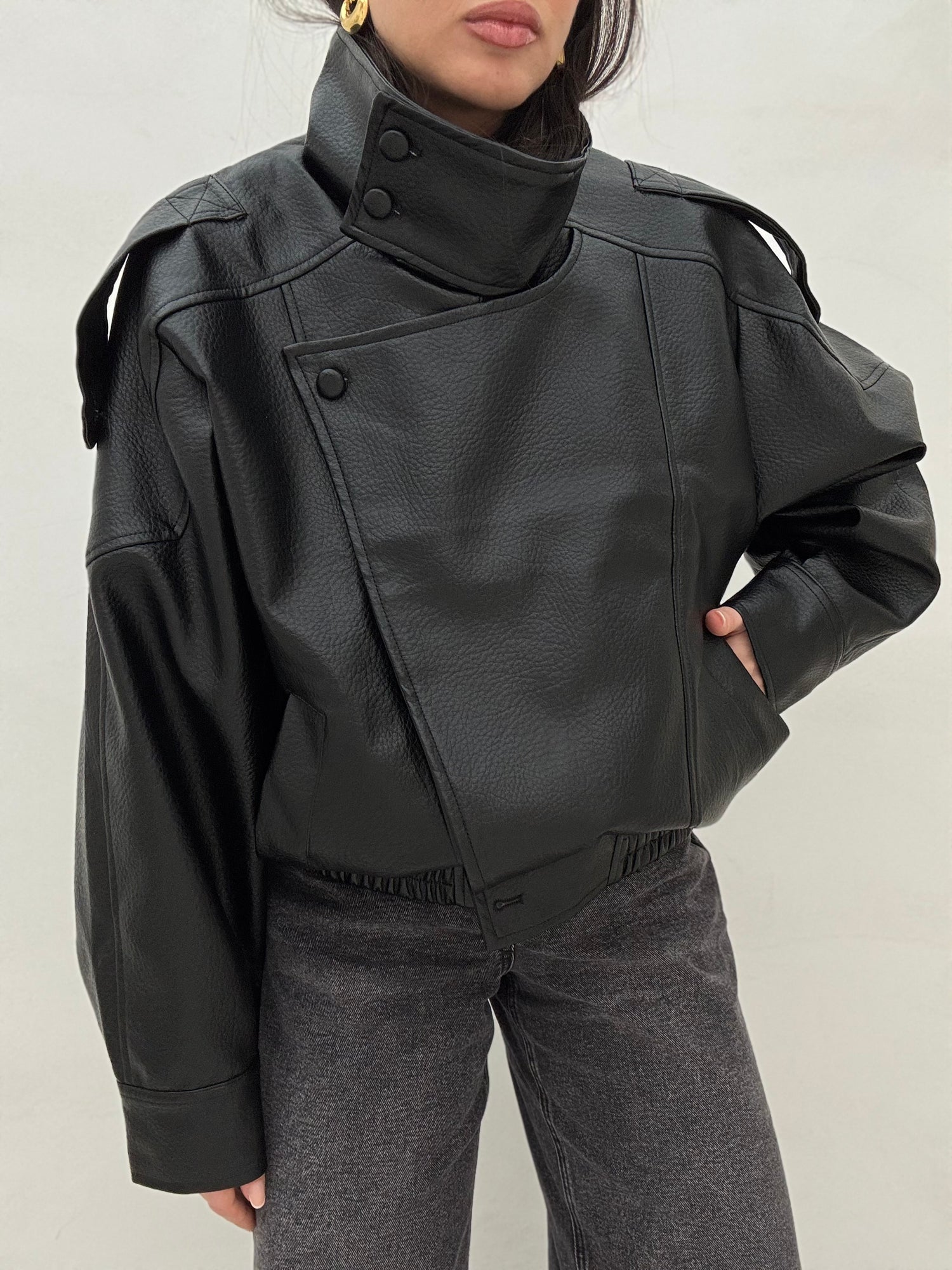 Chiodo/Bomber ‘COLLO ALTO’ ecopelle Nero