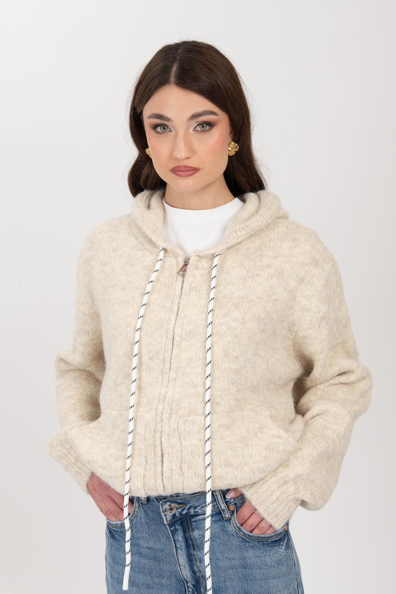 Maglione con cappuccio   ‘LACCETTI E ZIP’ Panna