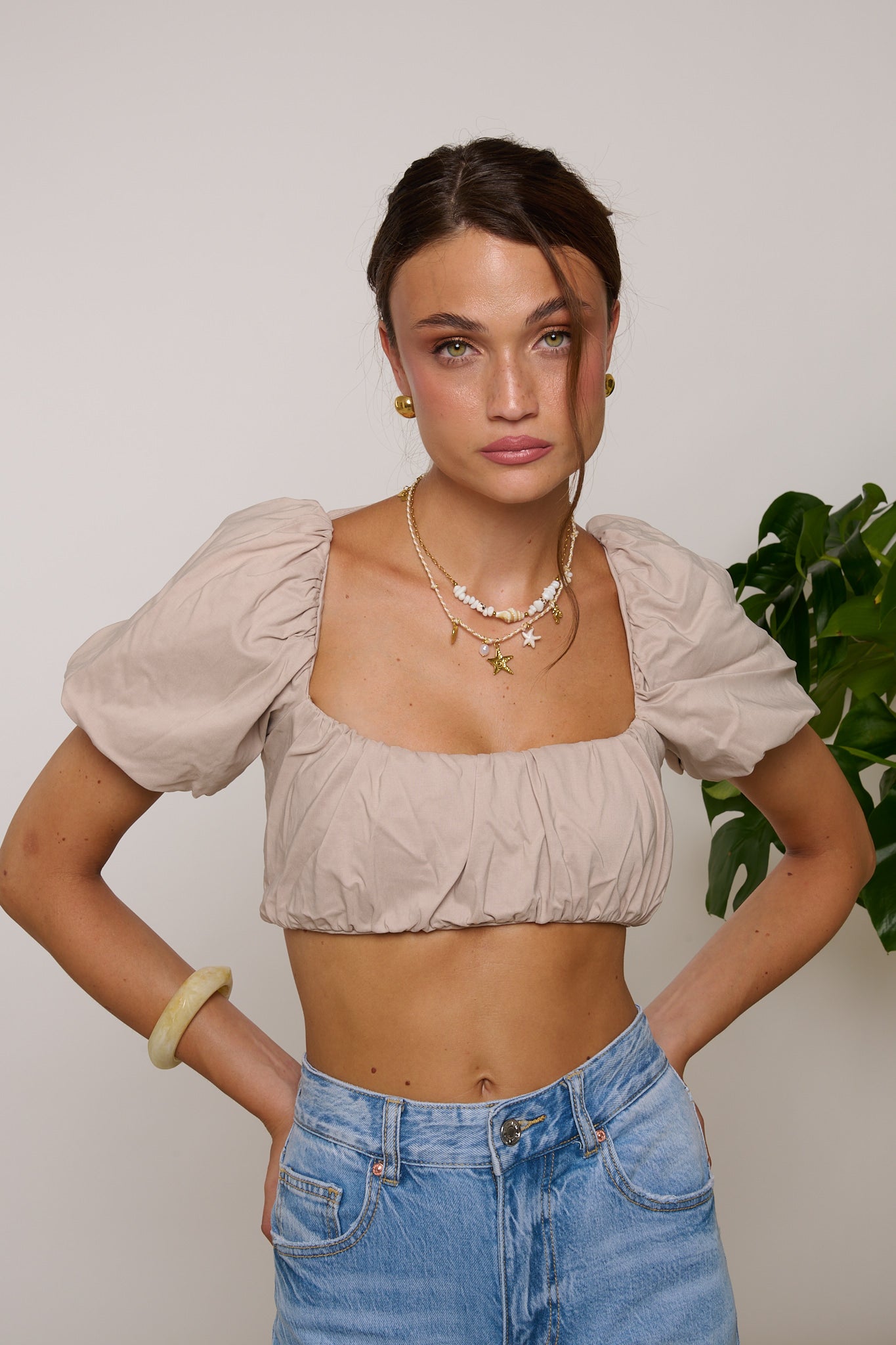 Top ‘3&33’ Manica a Sbuffo Beige