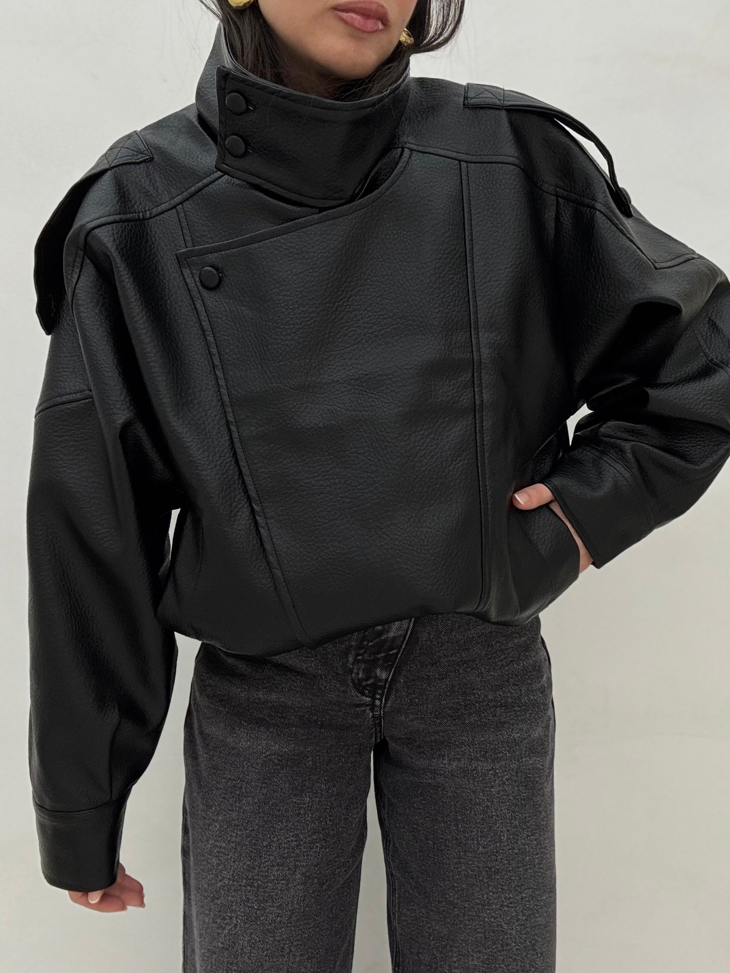 Chiodo/Bomber ‘COLLO ALTO’ ecopelle Nero