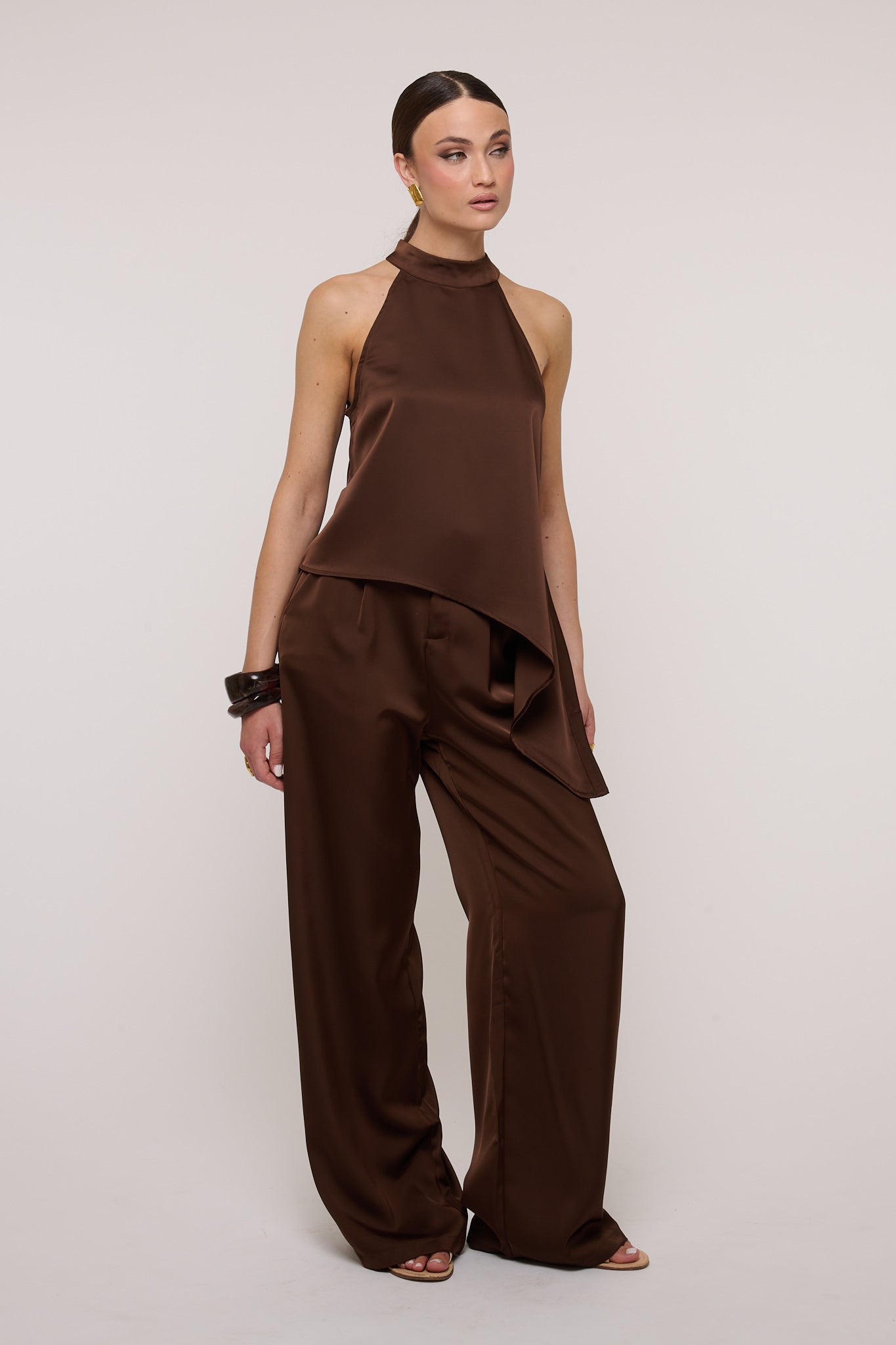 Coordinato ‘SATIN’ blusa+pantalone Cacao
