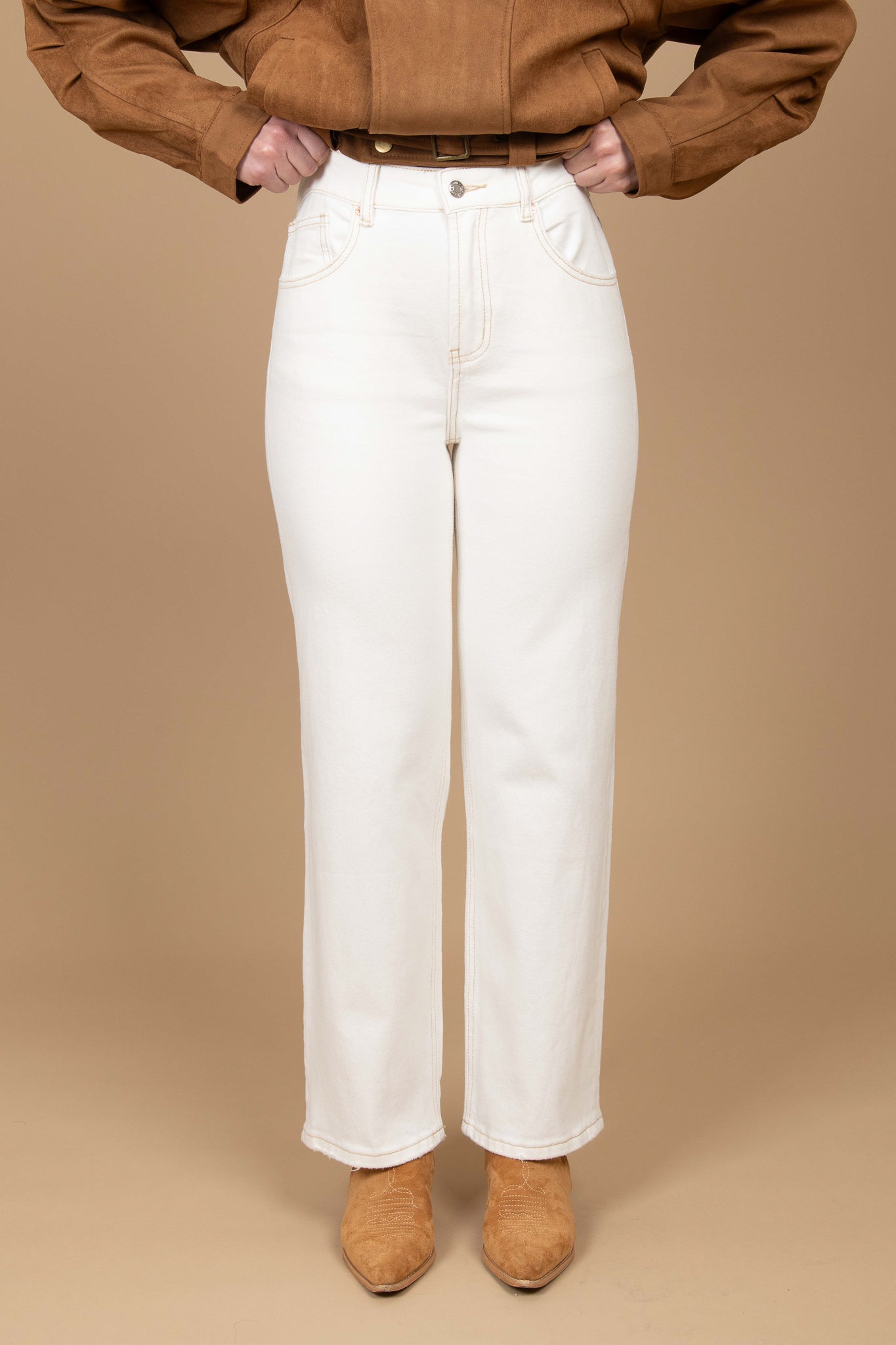 Jeans ‘GAMBA DRITTA’ Cuciture Cuoio Bianco