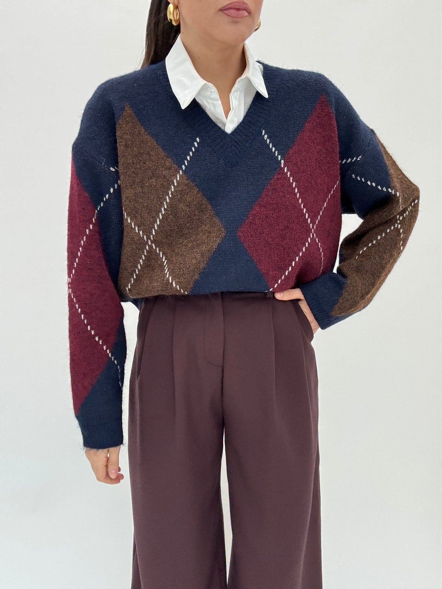 Maglione ‘ROMBI SCOLLO A V’ 8%LANA Base Blu Notte