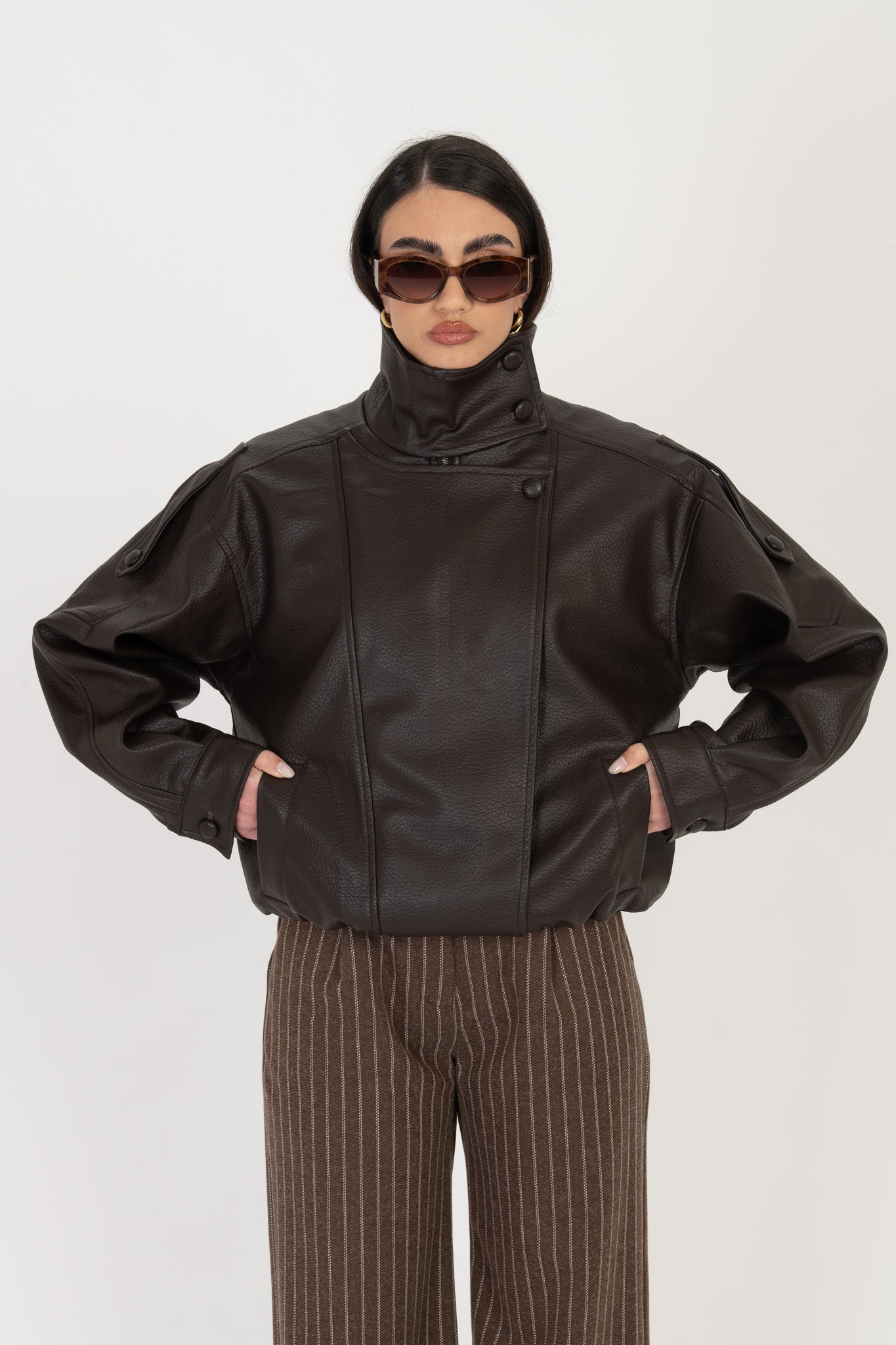 Chiodo/Bomber ‘COLLO ALTO’ ecopelle Cacao